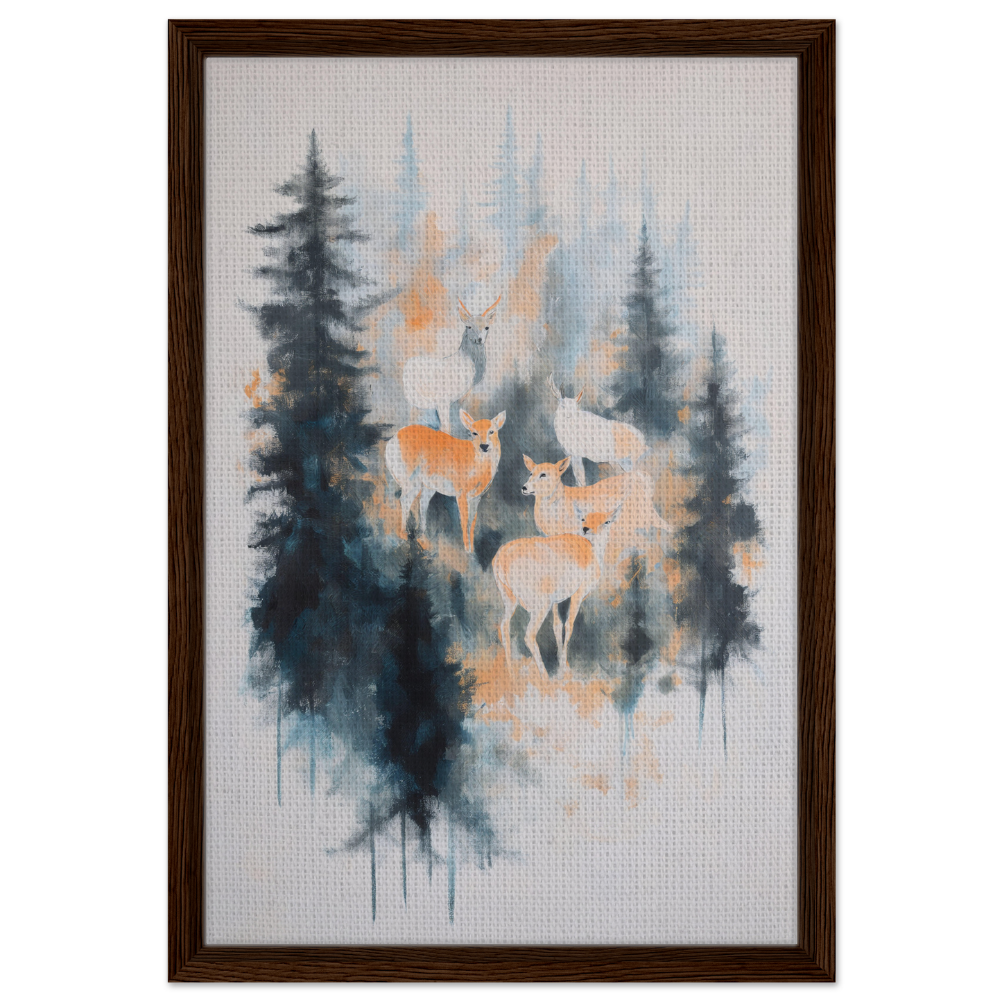 Framed canvas print of Misted Deer Ballet featuring deer in a misty forest setting