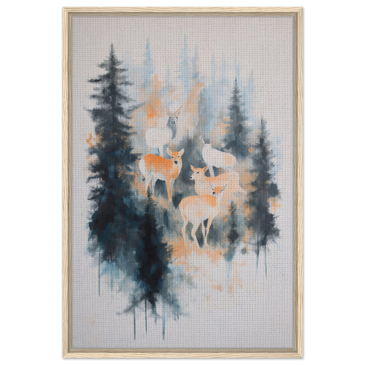 Watercolor-style painting of misted deer ballet amid pine trees in forest colors