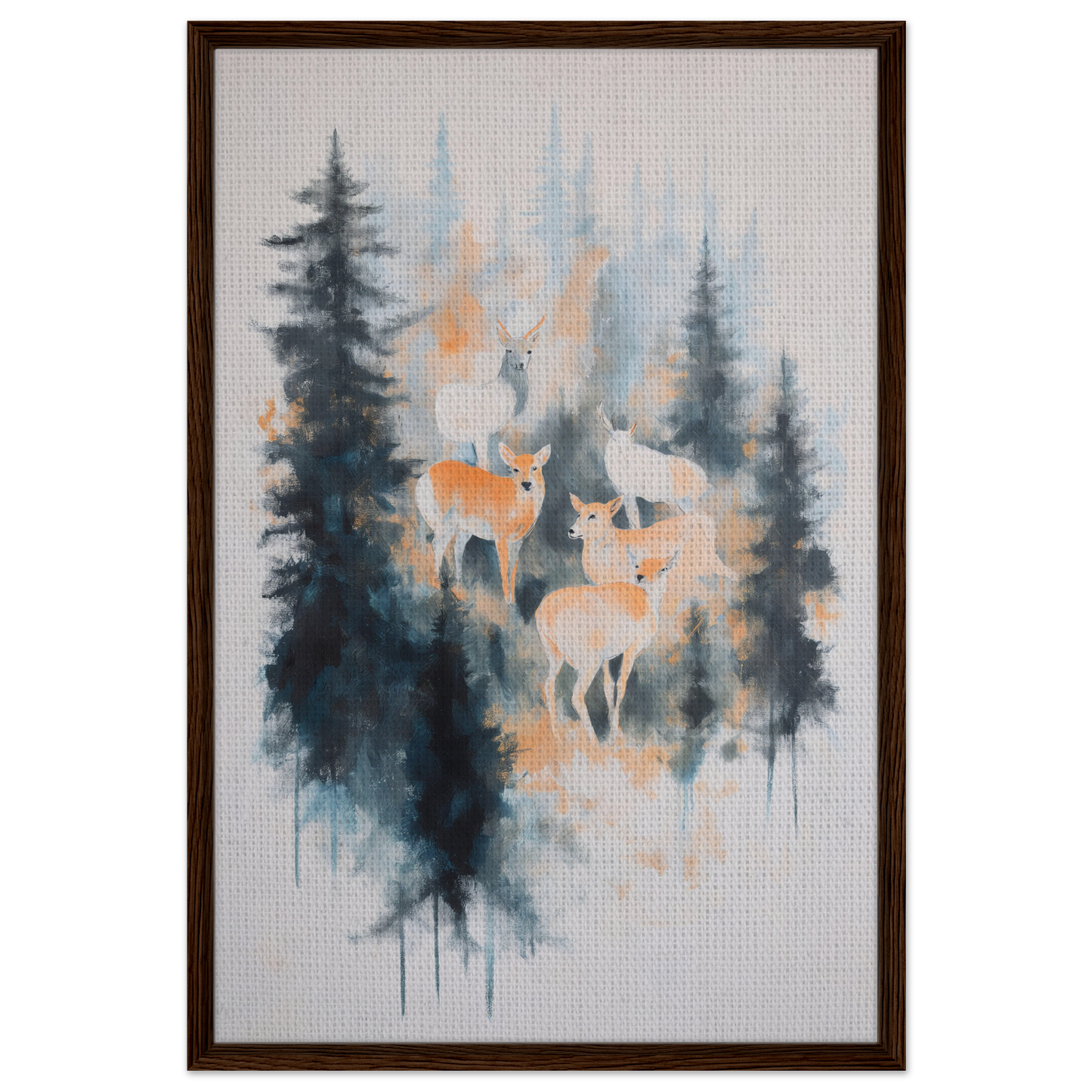 Framed canvas print of Misted Deer Ballet featuring deer in misty pine trees
