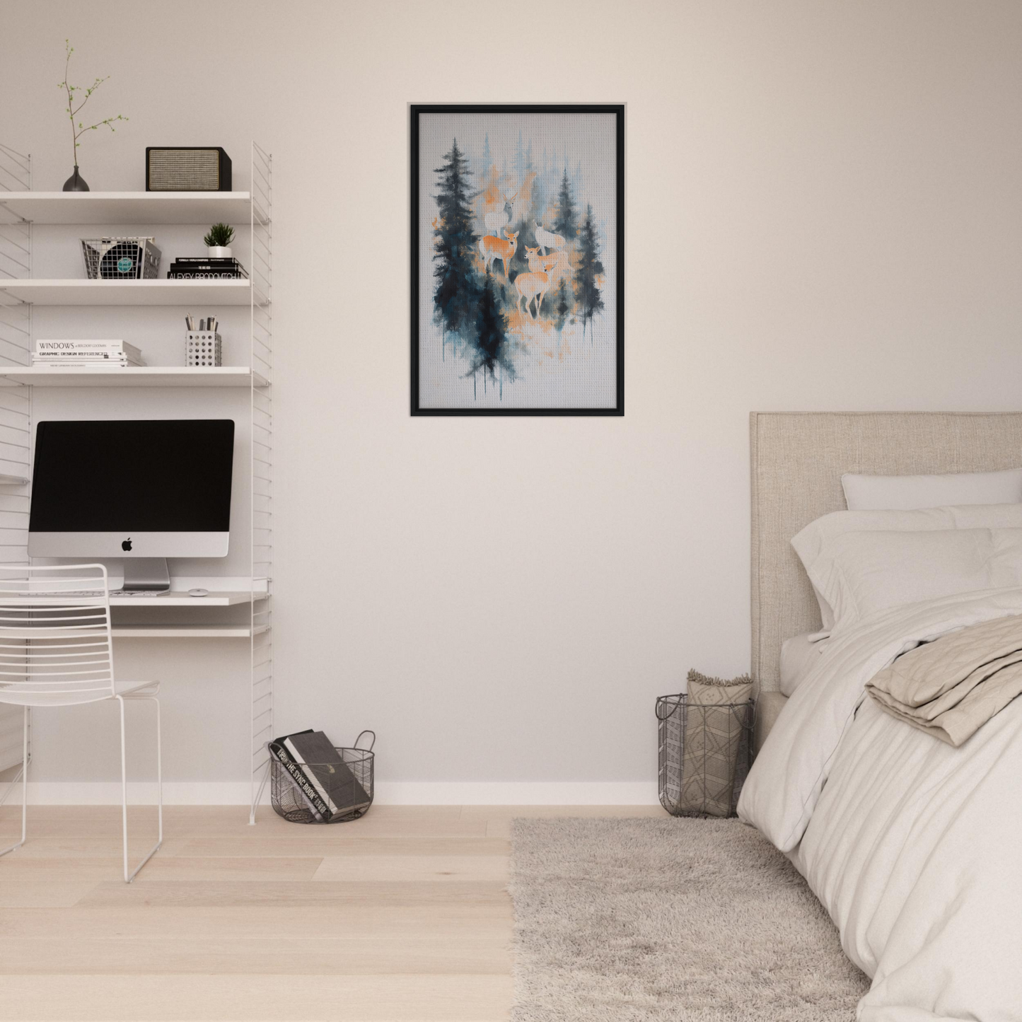Framed canvas print of Misted Deere Ballet featuring a misty forest and pine trees