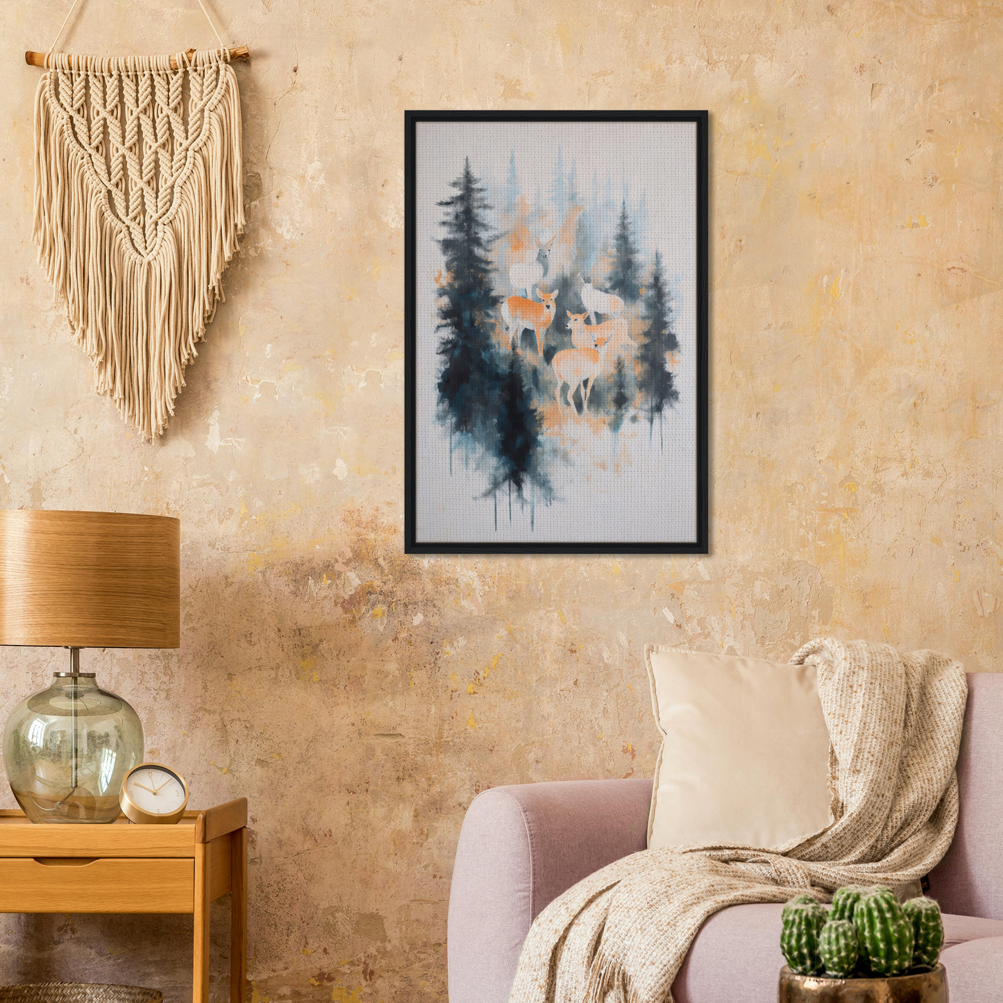 Framed canvas print of a misty forest scene with wolves in Misted Deere Ballet