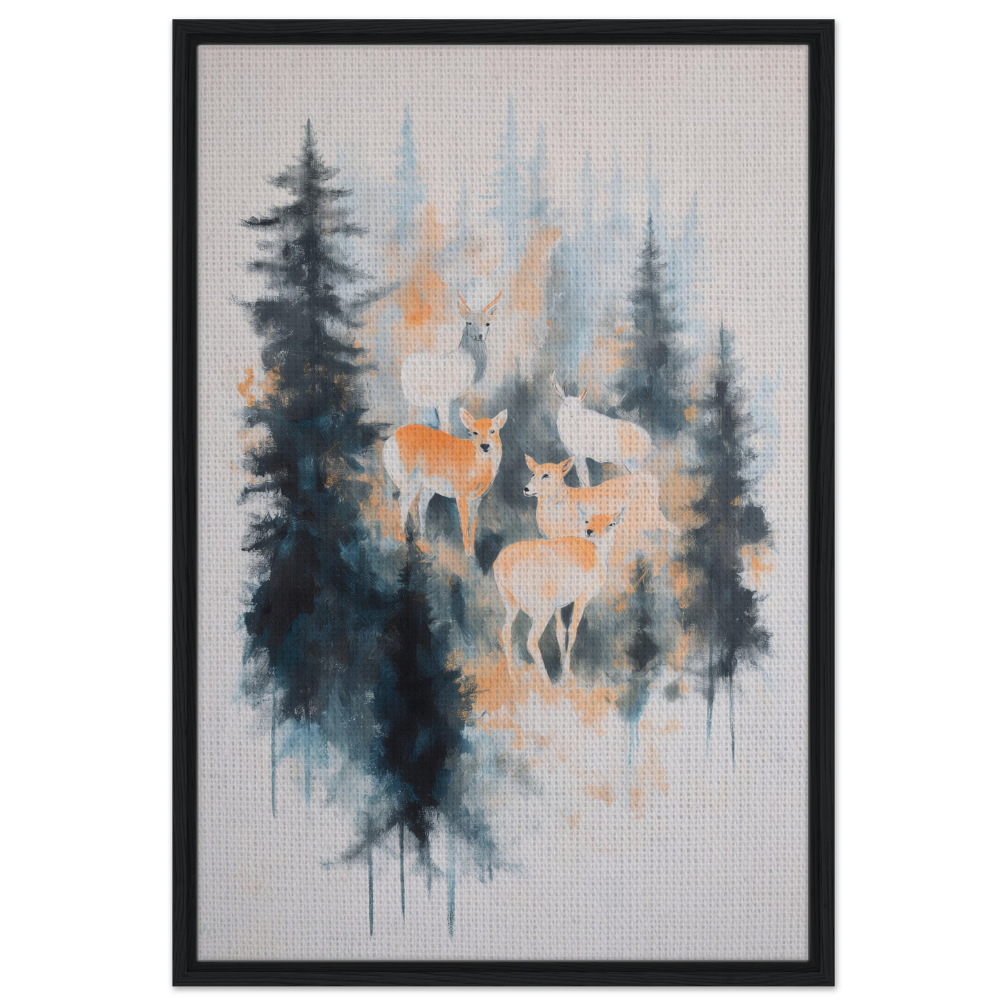 Framed watercolor artwork of misted deer ballet among pine trees for elegant room decor