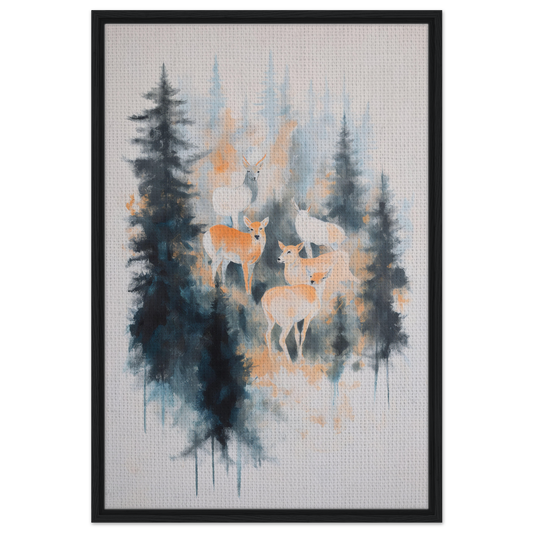 Framed watercolor artwork of misted deer ballet among pine trees for elegant room decor