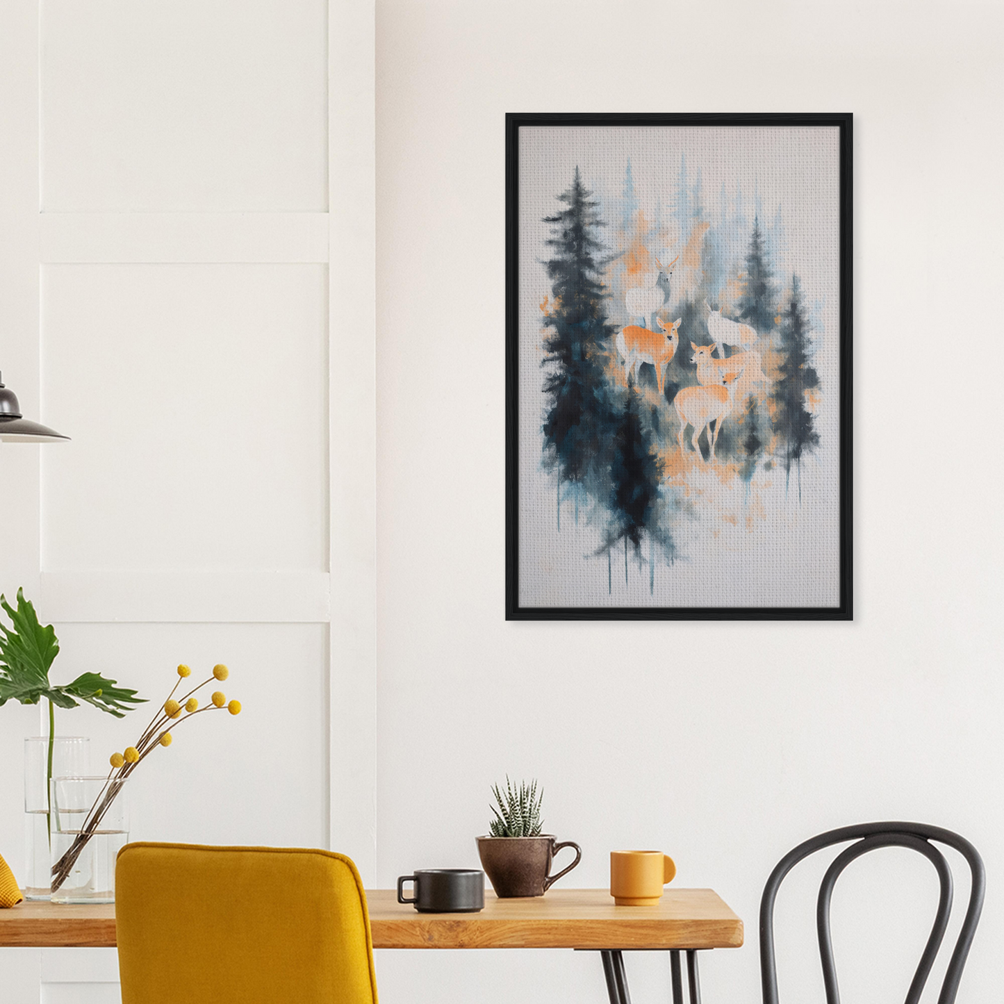Framed watercolor painting of a misty forest with deer silhouettes for Misted Deere Ballet room decor