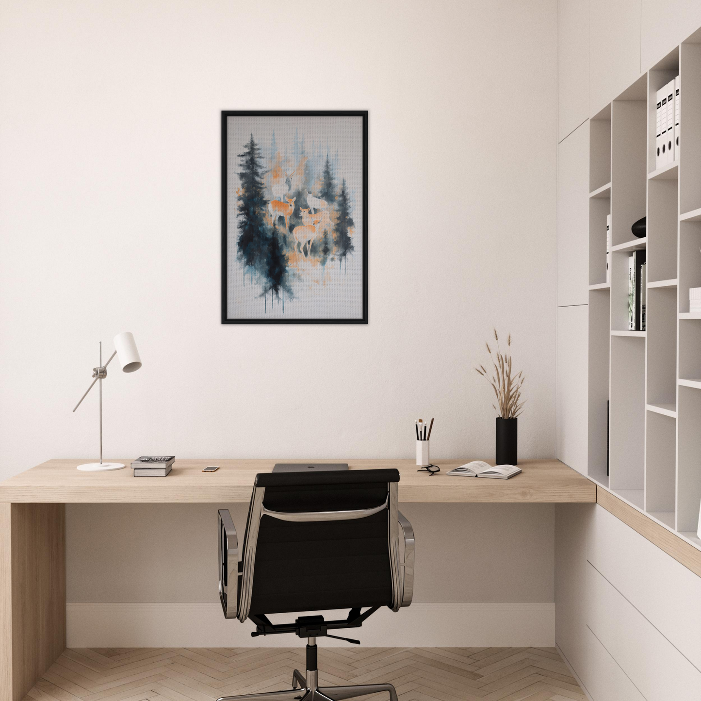 Minimalist home office featuring Misted Deere Ballet artwork and elegant room decor