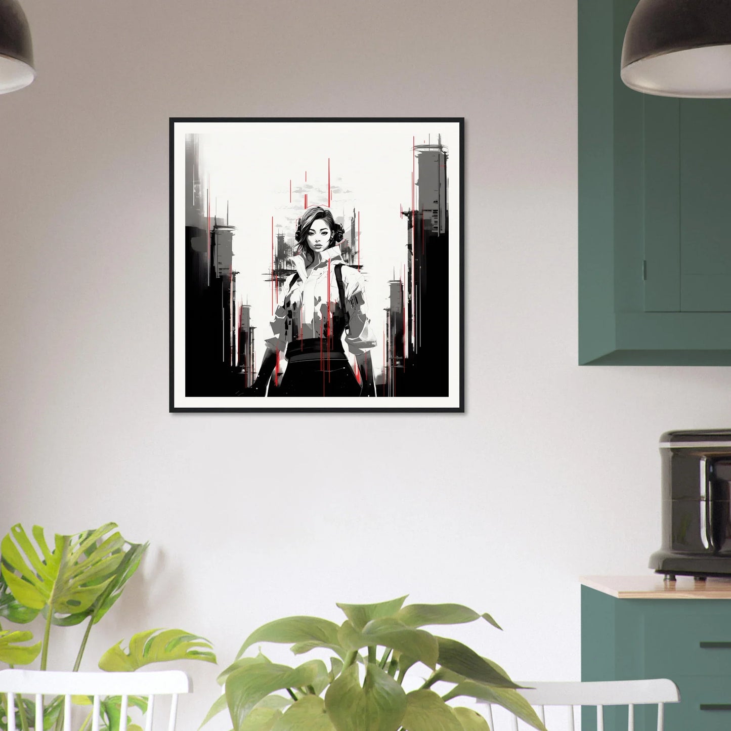 Black and white artistic print of a figure with cityscape in Mono City Electric design