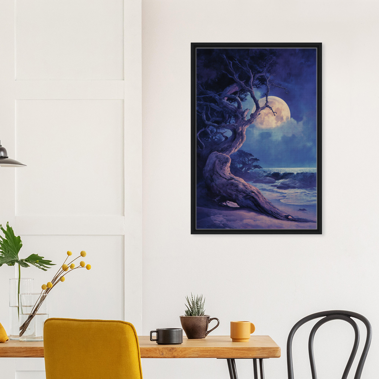 Framed canvas print of Moondance Tree Whisperings featuring a moonlit coastal scene