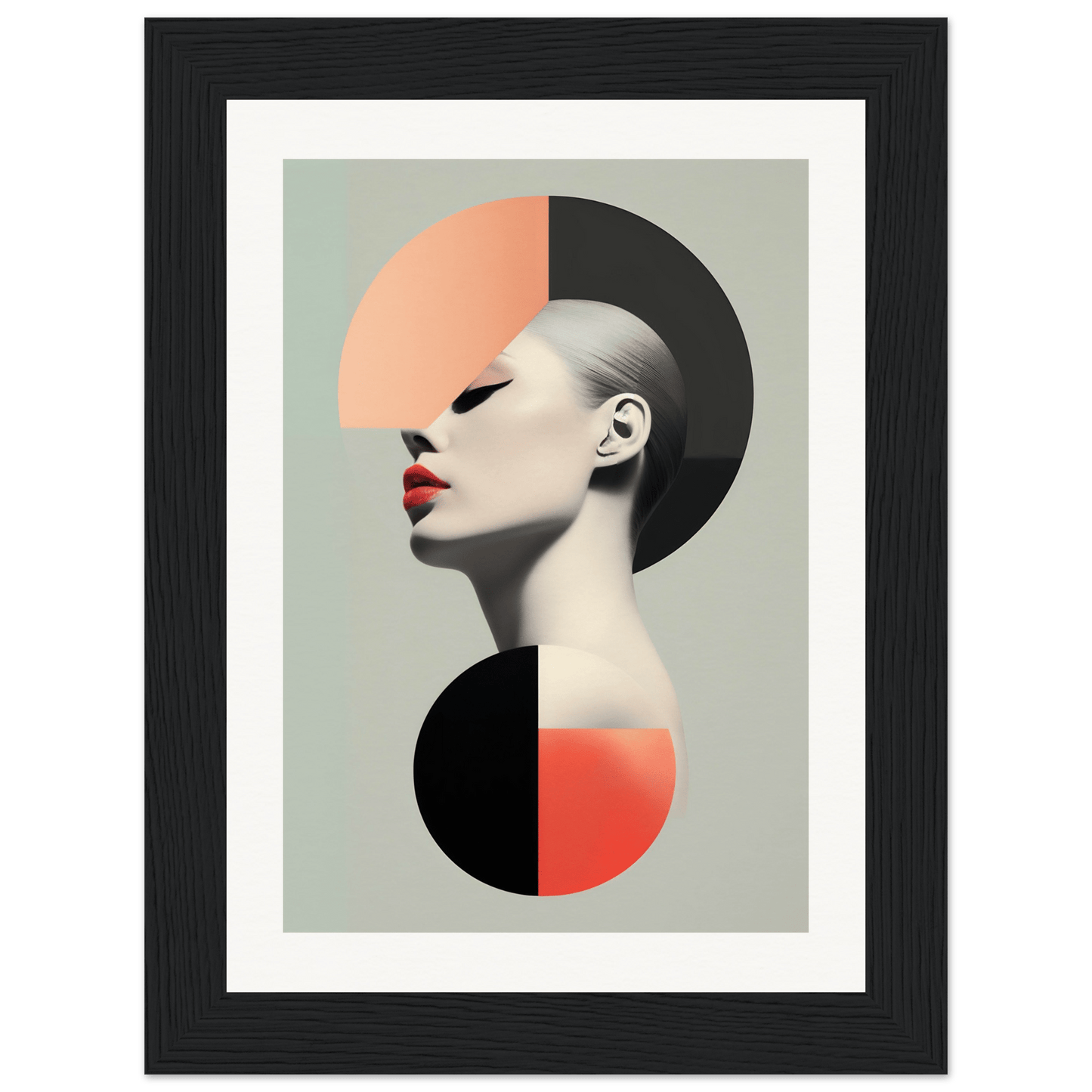 Stylized portrait combining geometric shapes and a profile view of a figure with bold red lips.