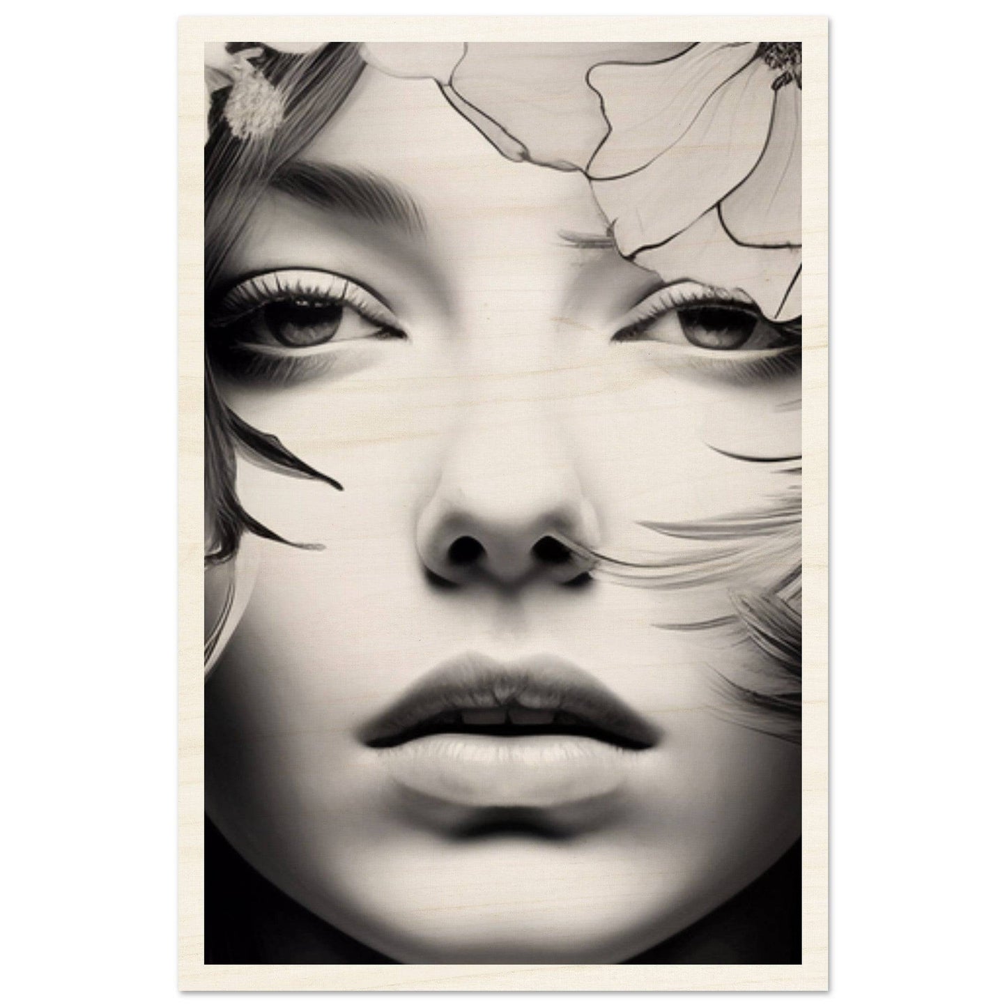 Close-up portrait of a woman’s face with feathers or leaves framing it.