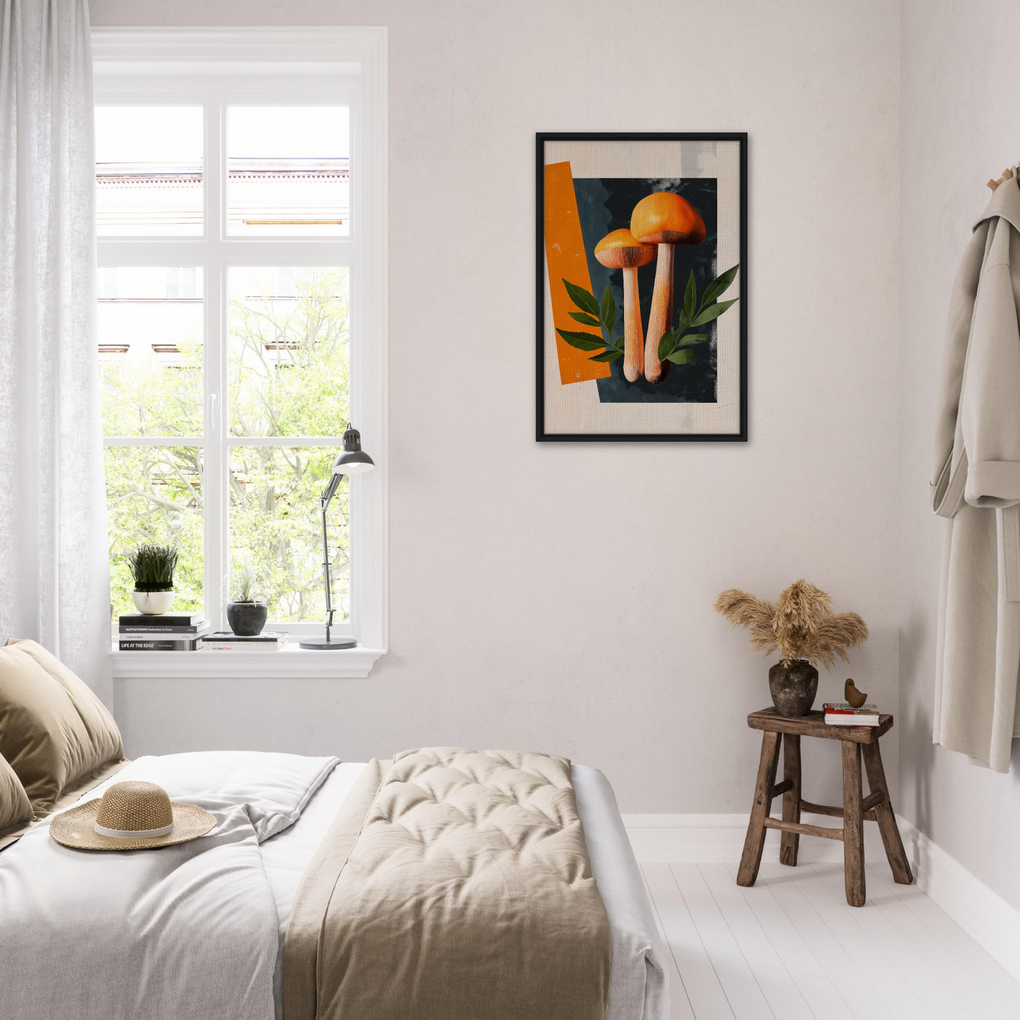 Bright, airy bedroom featuring Mushroom Dreams Tree framed art as minimalist room decor