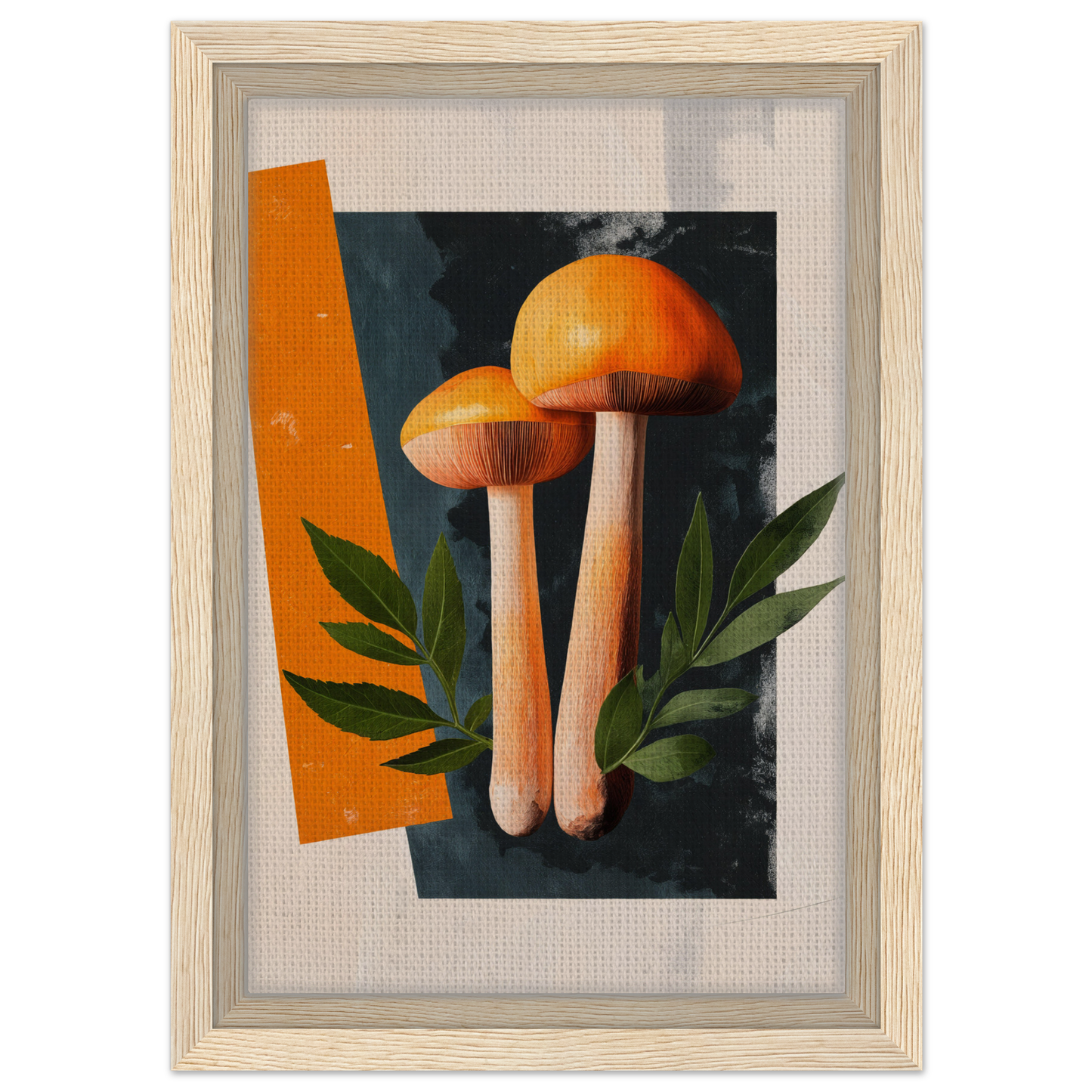 Framed artwork of orange mushrooms with green leaves for Mushroom Dreams Tree room decor