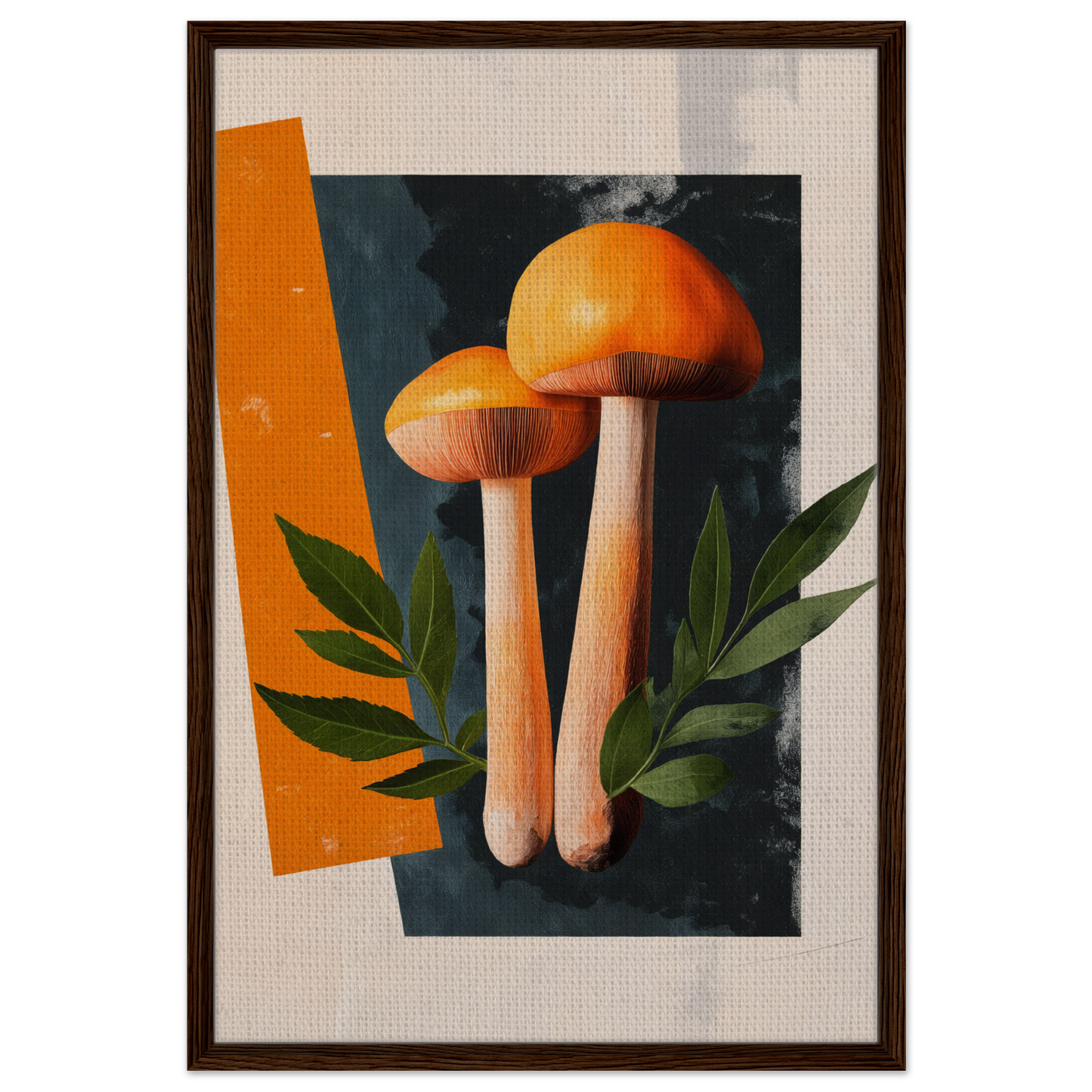 Two orange mushrooms with green leaves in Mushroom Dreams Tree room decor