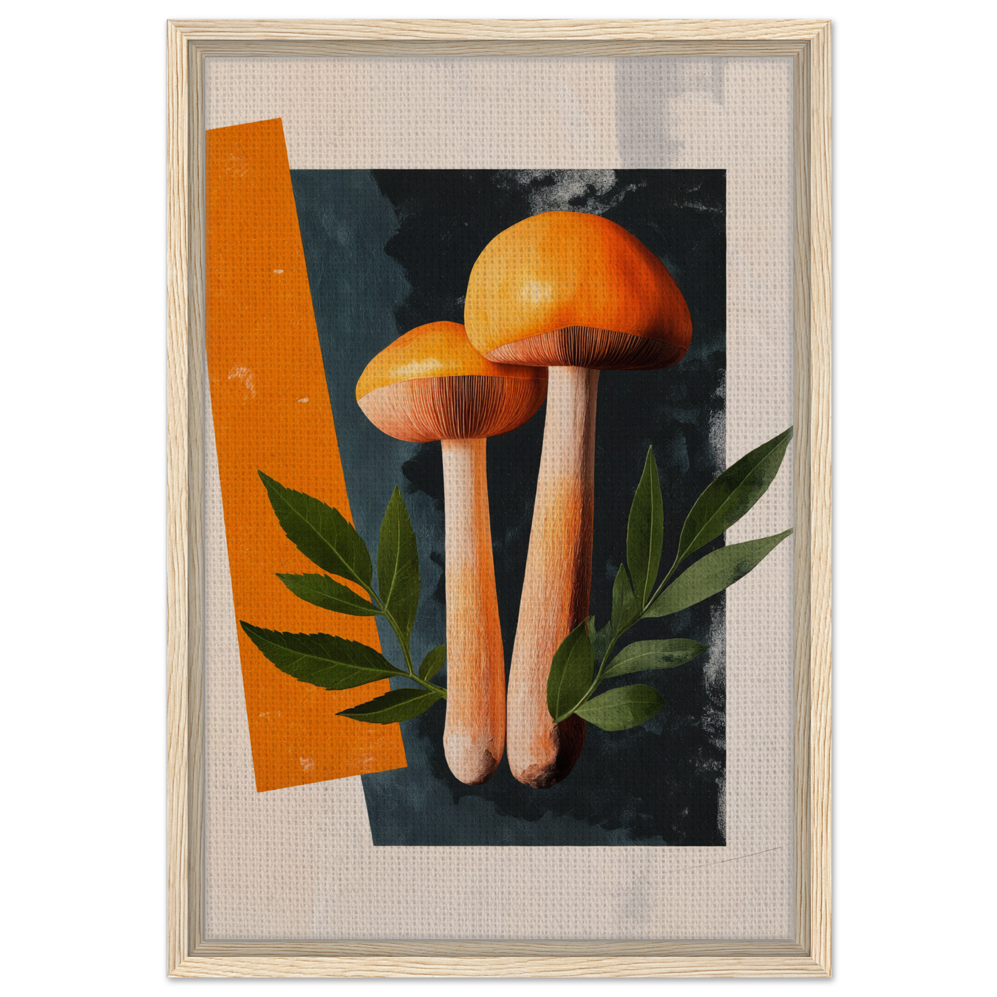Two orange mushrooms and green leaves in Mushroom Dreams Tree framed canvas print