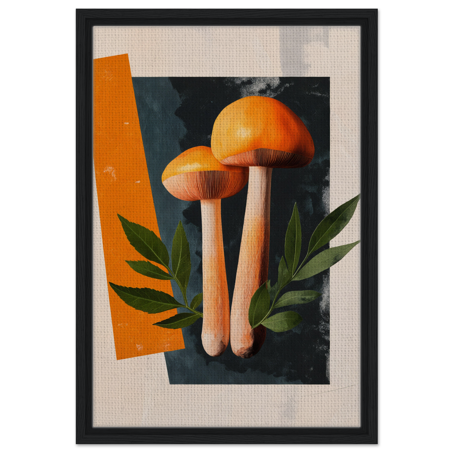 Two orange mushrooms on long stems with green leaves in Mushroom Dreams Tree decor
