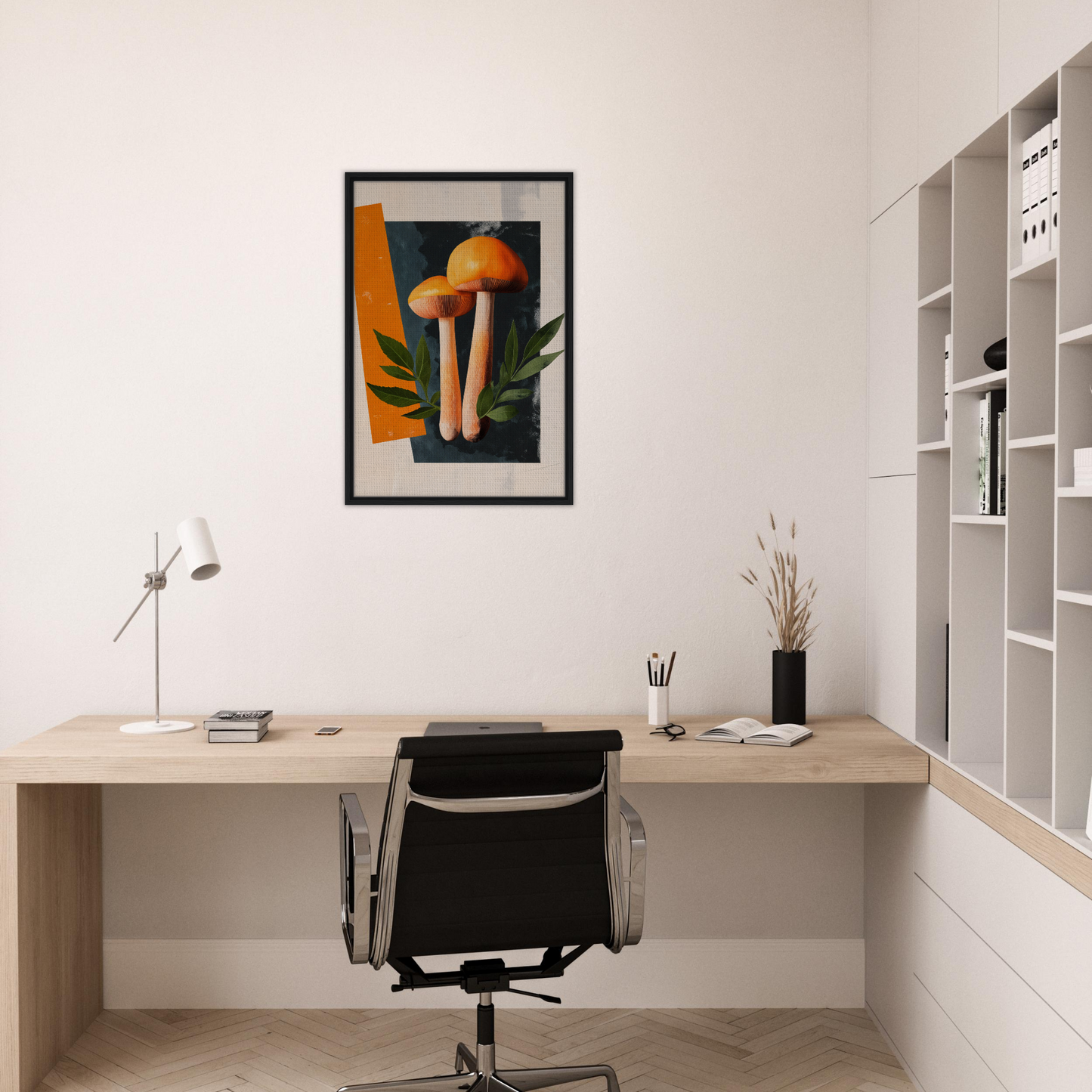 Minimalist home office showcasing Mushroom Dreams Tree framed canvas print and decor
