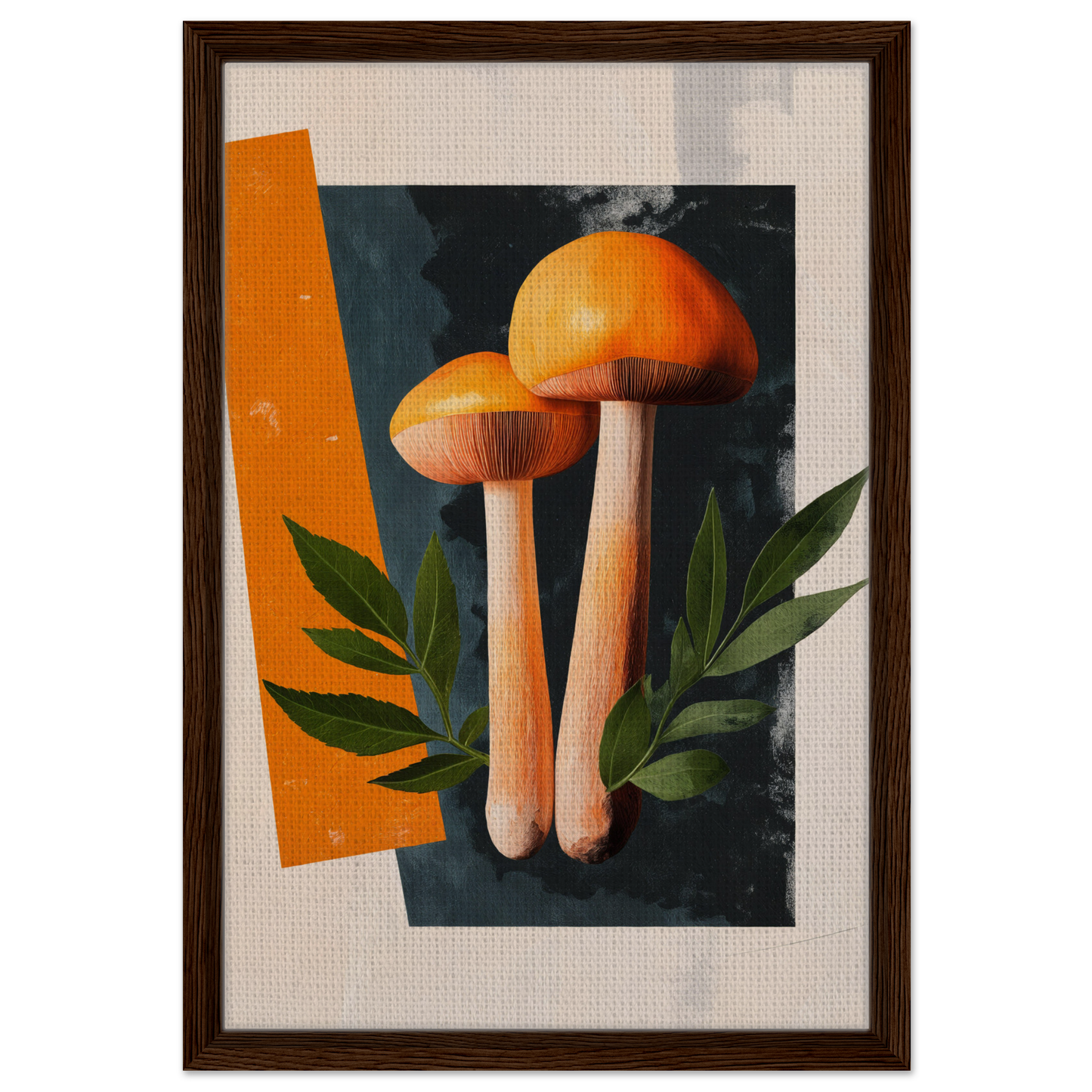 Framed artwork of orange mushrooms and green leaves for Mushroom Dreams Tree room decor
