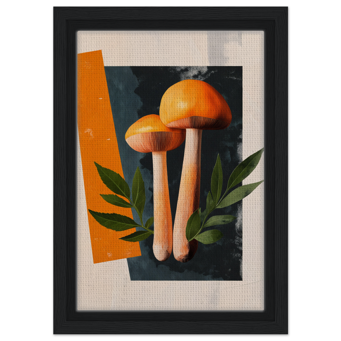 Two orange-capped mushrooms beside green leaves on a Mushroom Dreams Tree framed canvas print