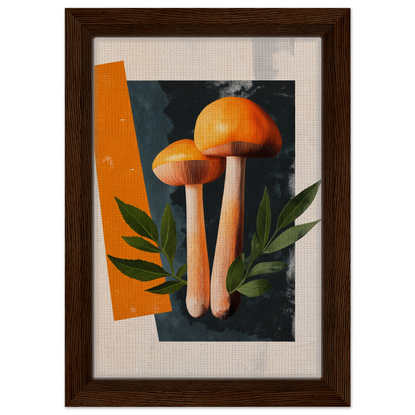 Two orange mushrooms with green leaves, part of the Mushroom Dreams Tree decor