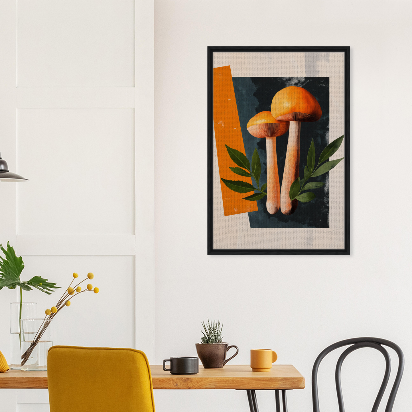 Framed canvas print featuring Mushroom Dreams Tree with vibrant orange mushrooms and green leaves