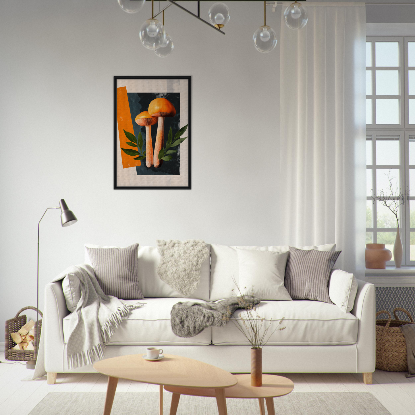 Elegant white sofa adorned with throw pillows and blankets near Mushroom Dreams Tree framed canvas