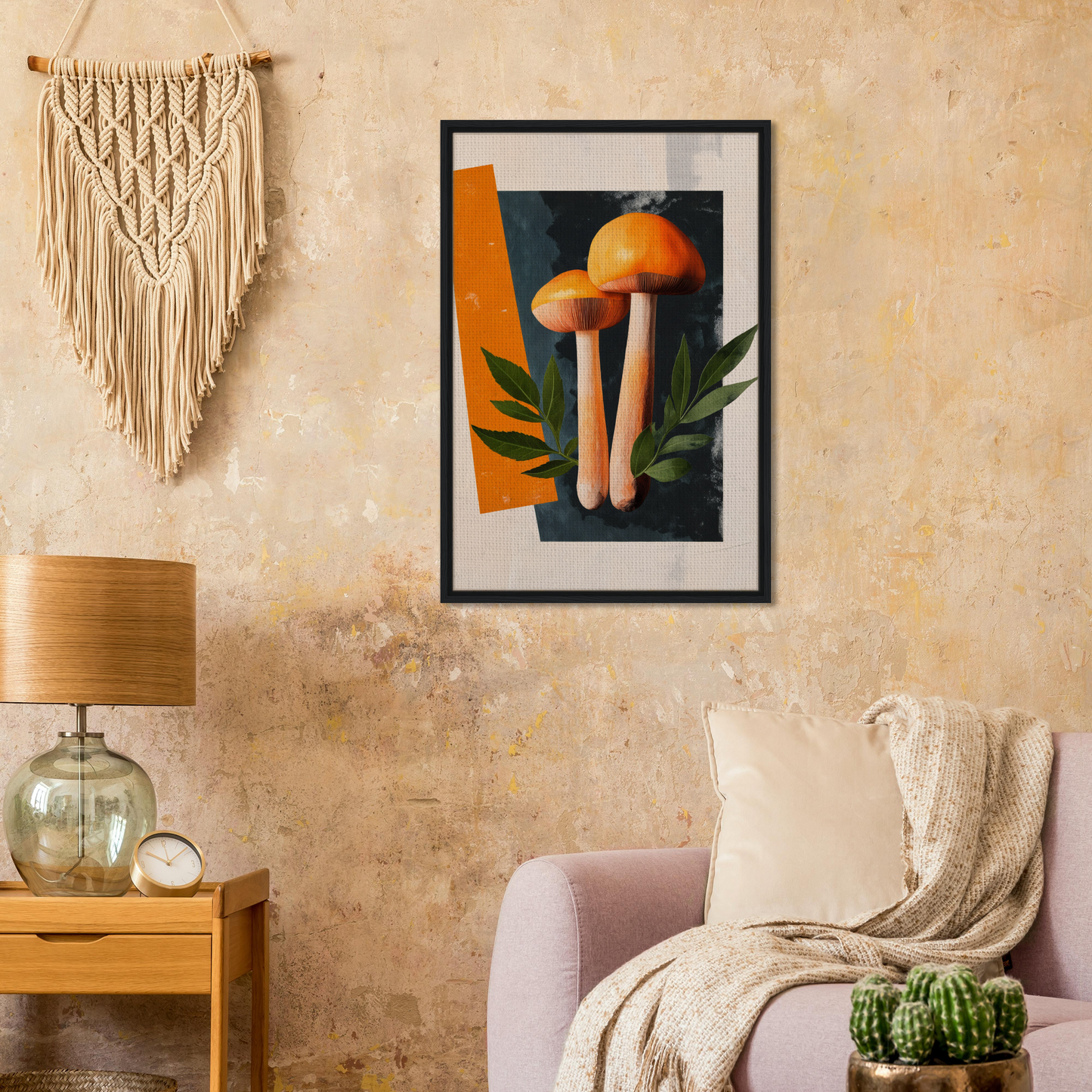 Framed canvas print of orange mushrooms and green leaves in Mushroom Dreams Tree design