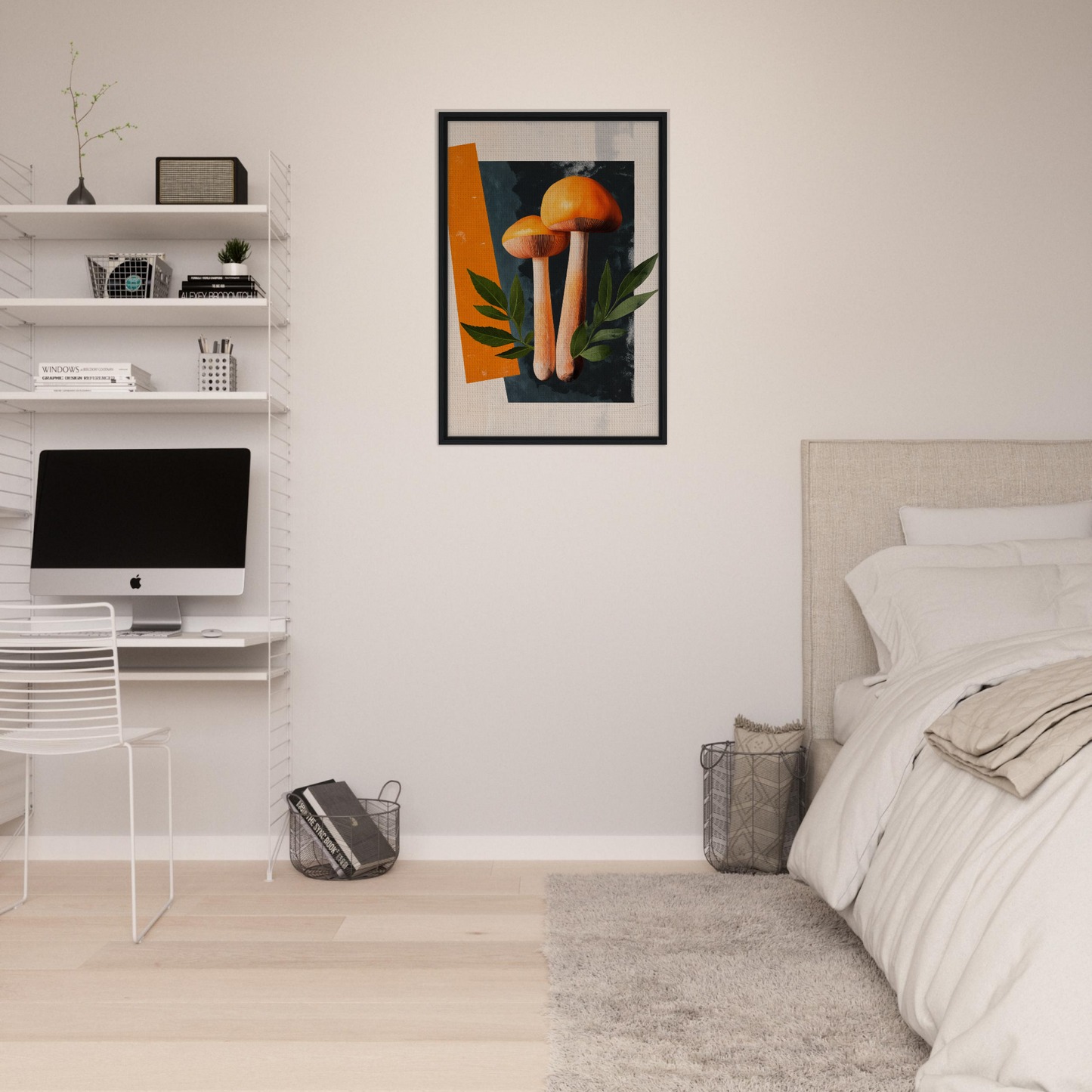 Framed canvas print of Mushroom Dreams Tree with stylized mushrooms on orange background