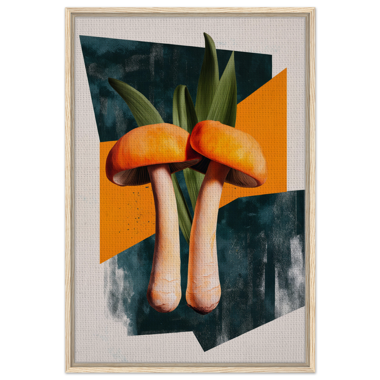 Mushroom Morning Mirage featuring two orange-capped mushrooms and vibrant green leaves
