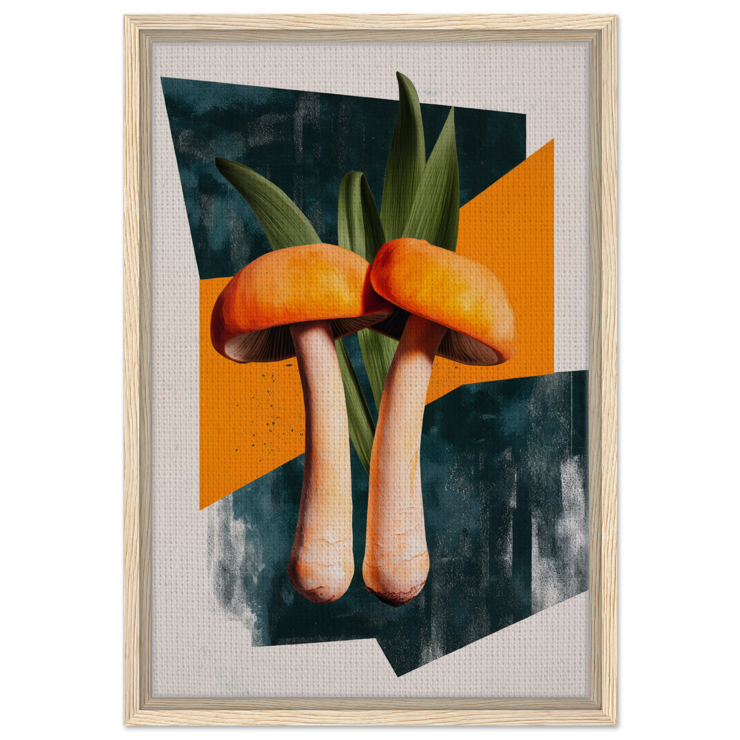Two orange-capped mushrooms with pale stems and green leaves in Mushroom Morning Mirage