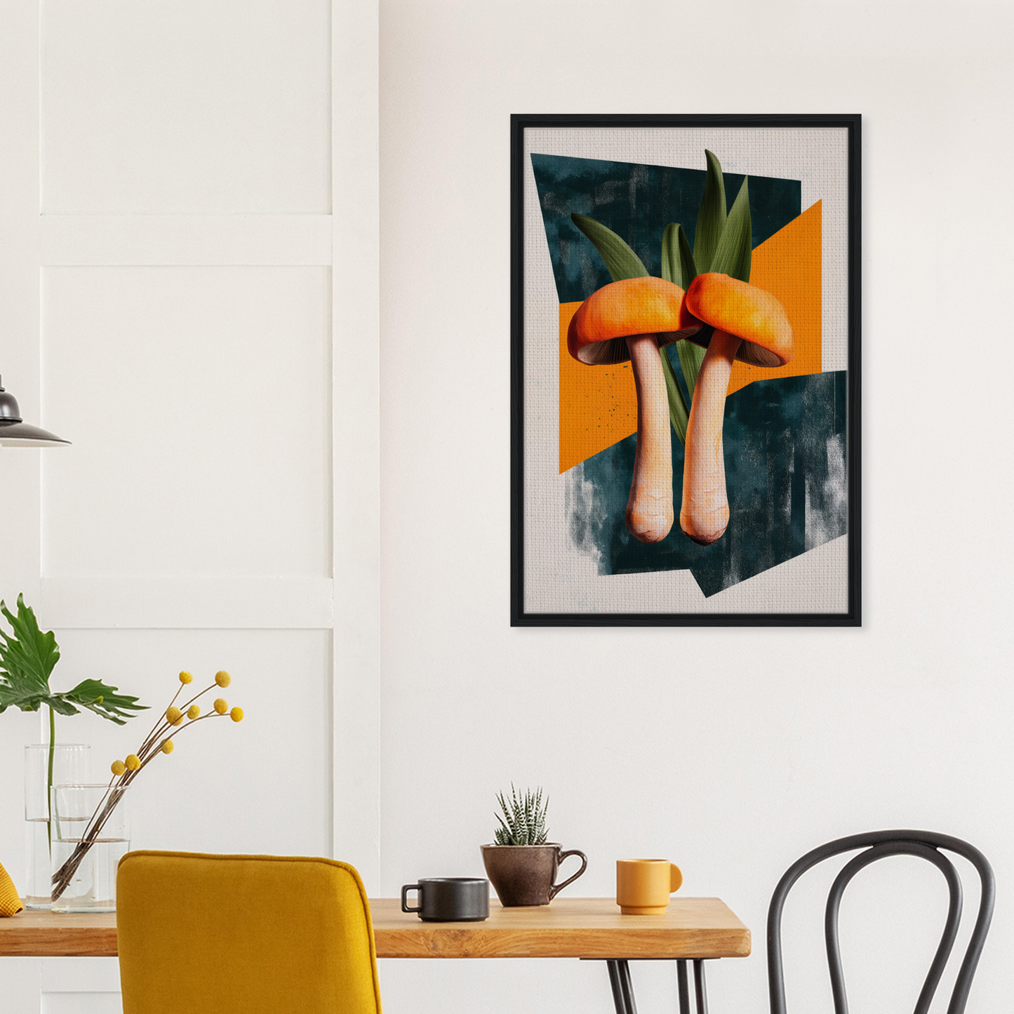 Framed abstract artwork of stylized legs in orange and green for Mushroom Morning Mirage
