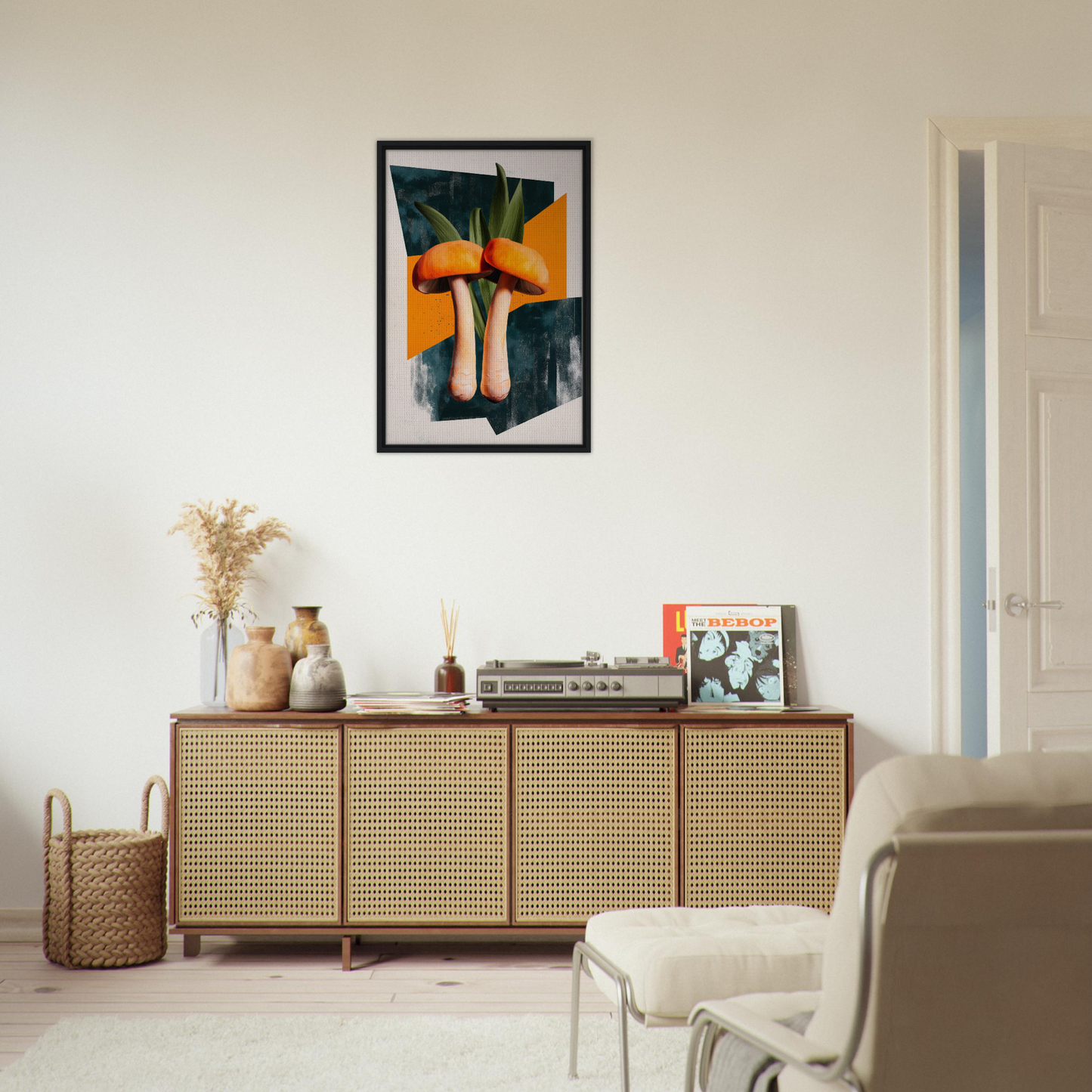 Wooden sideboard featuring cane-webbed doors and decor, perfect for Mushroom Morning Mirage
