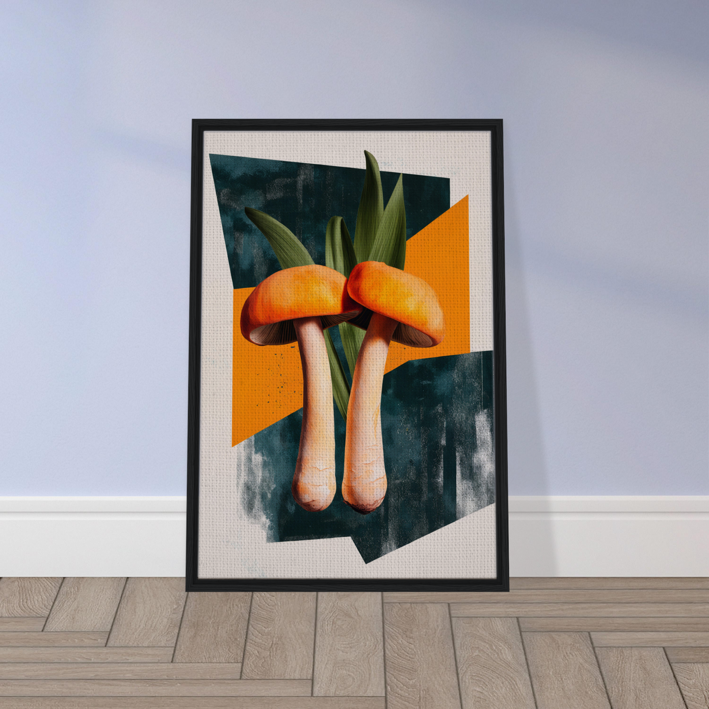 Surrealist artwork of orange-capped mushrooms in Mushroom Morning Mirage for unique room decor