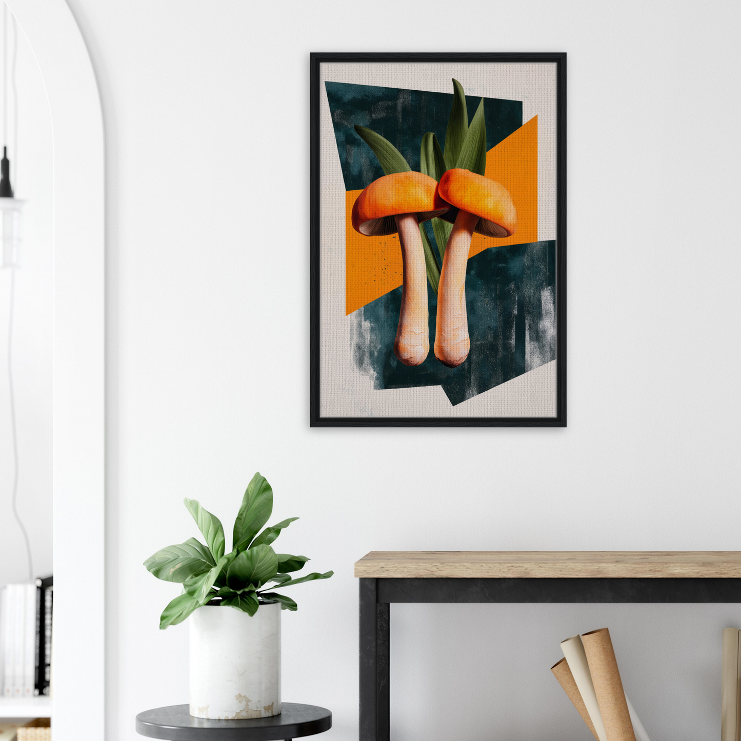 Framed canvas print of Mushroom Morning Mirage with orange mushrooms on dark background