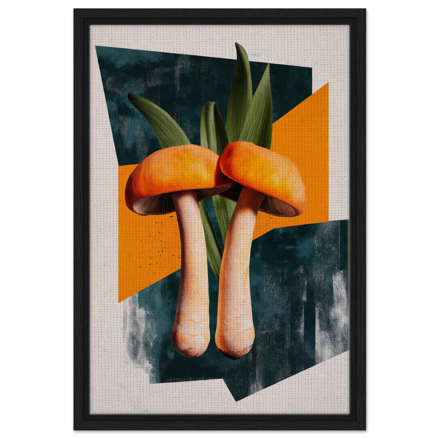Two orange-capped mushrooms with green leaves in Mushroom Morning Mirage room decor
