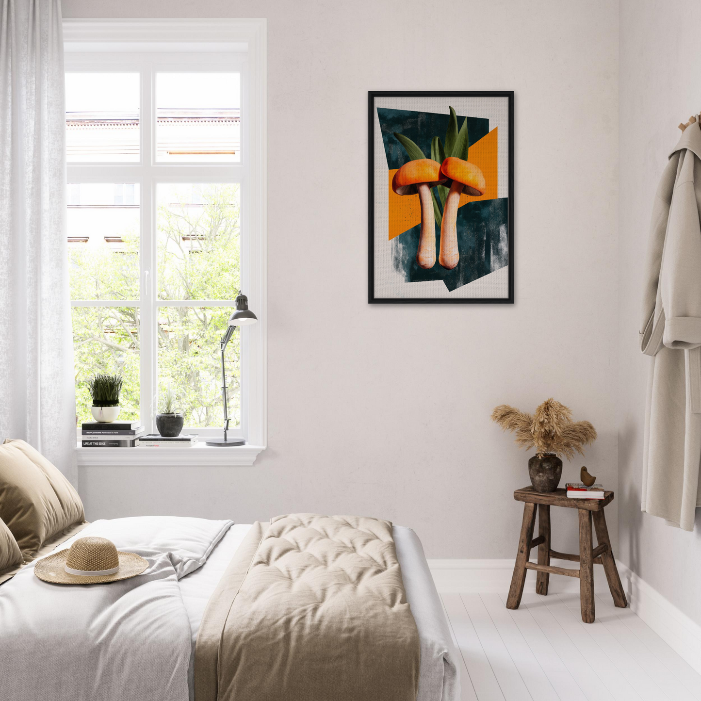 Bright, airy bedroom with minimalist decor and Mushroom Morning Mirage artwork on the wall