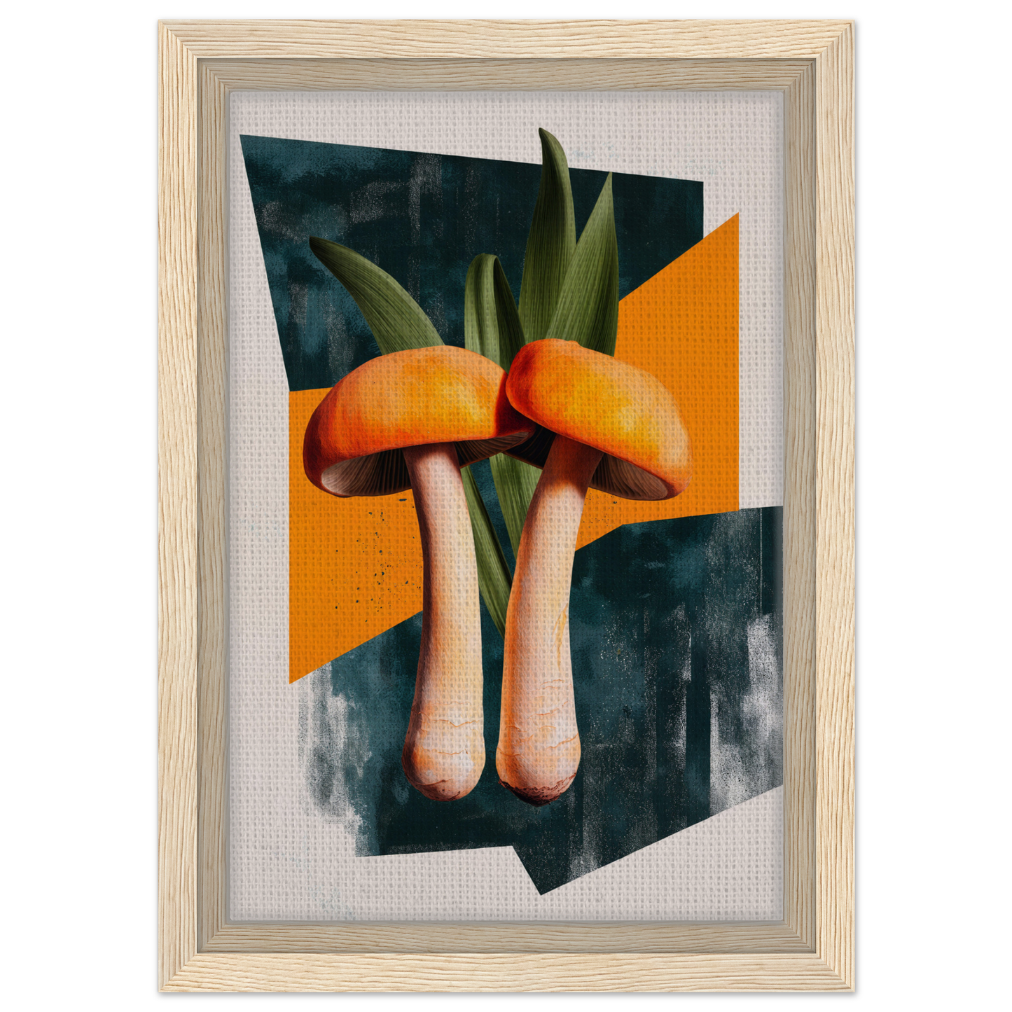 Two orange-capped mushrooms and green leaves in Mushroom Morning Mirage design