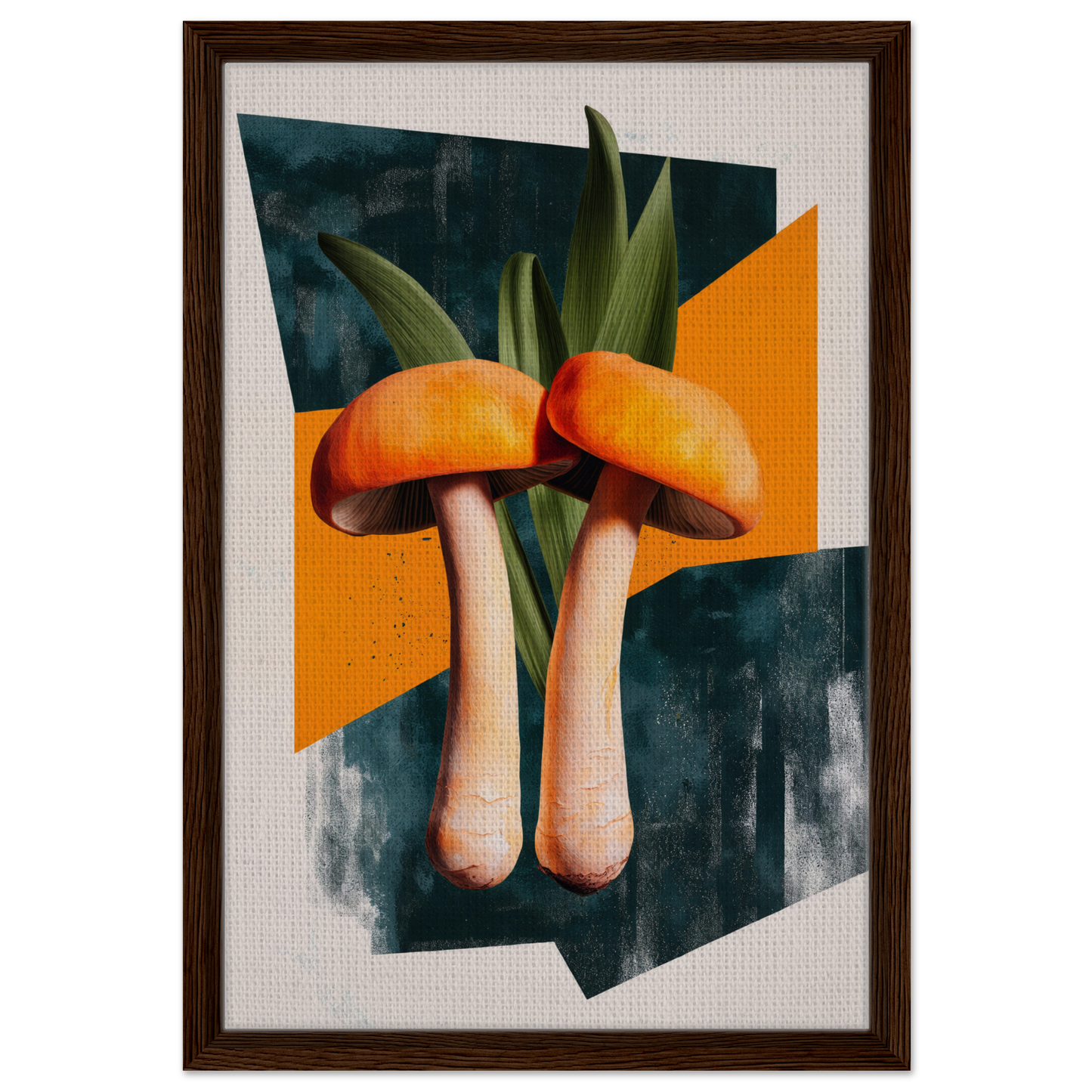 Two orange-capped mushrooms resembling legs in Mushroom Morning Mirage framed canvas print