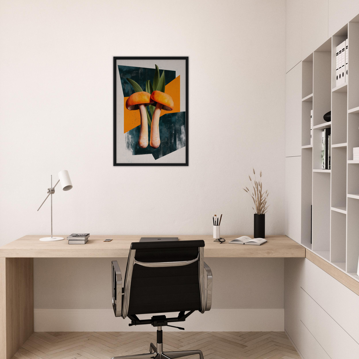 Minimalist home office workspace featuring Mushroom Morning Mirage framed canvas print