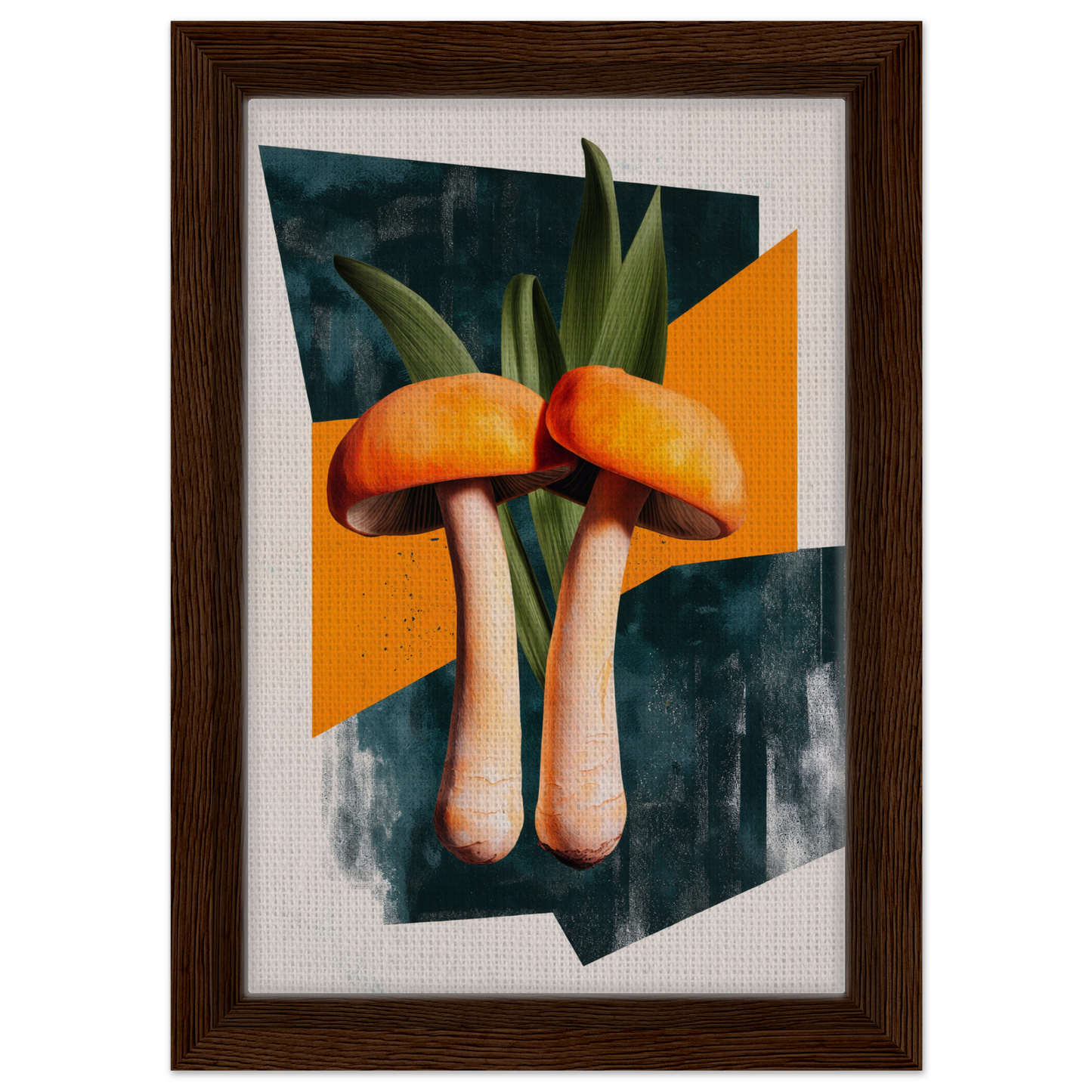 Two mushrooms with orange caps and green leaves in Mushroom Morning Mirage artwork