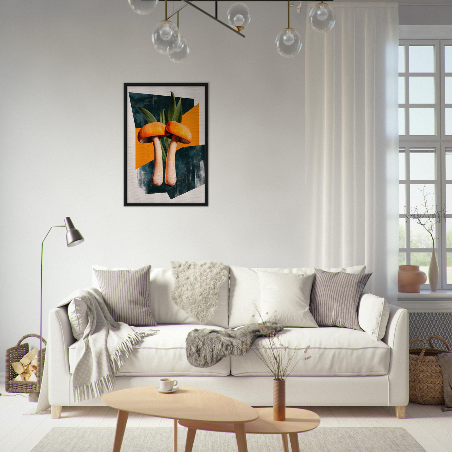 White sofa adorned with pillows and blankets in Mushroom Morning Mirage product setting