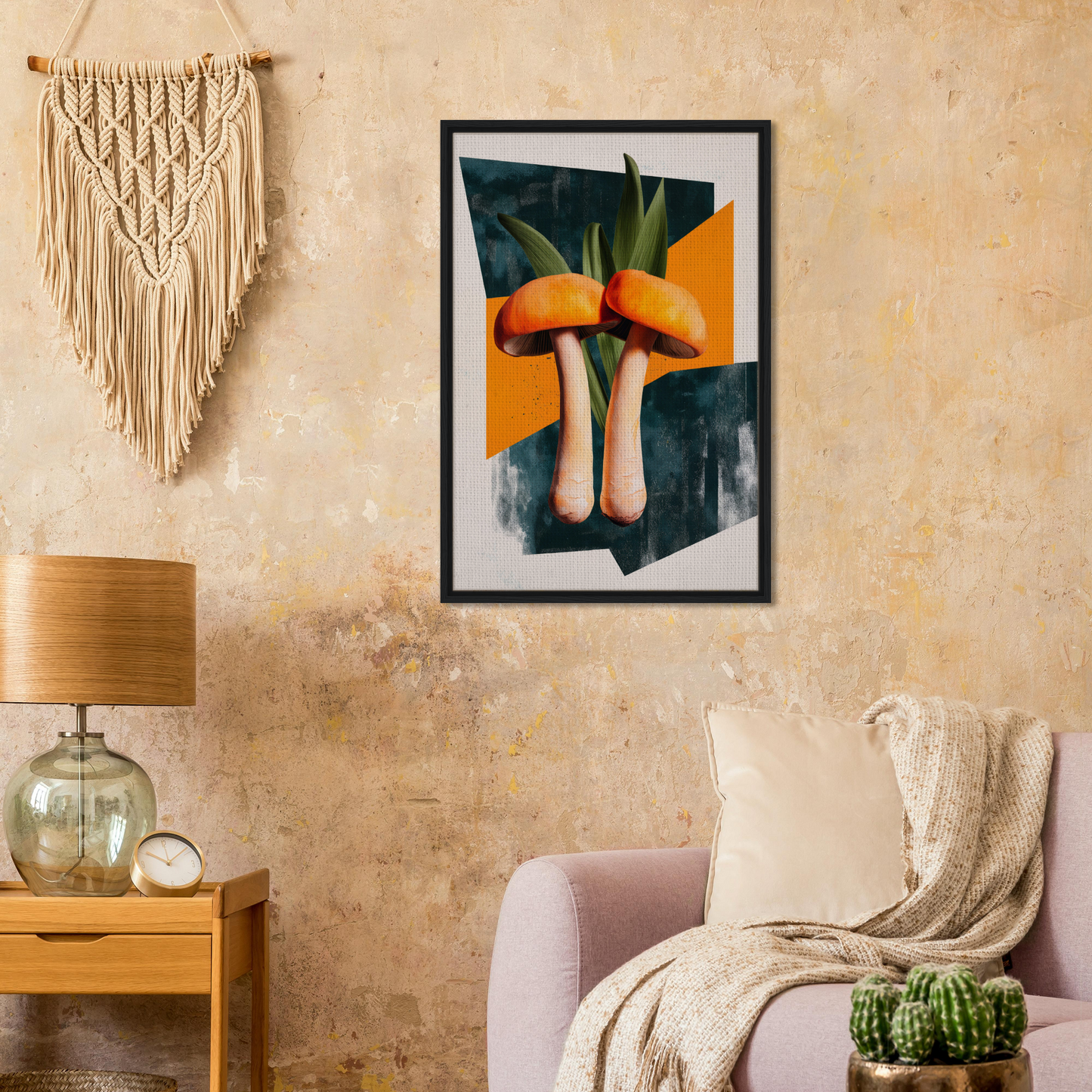 Framed abstract artwork of legs in orange shapes for Mushroom Morning Mirage Canvas Print