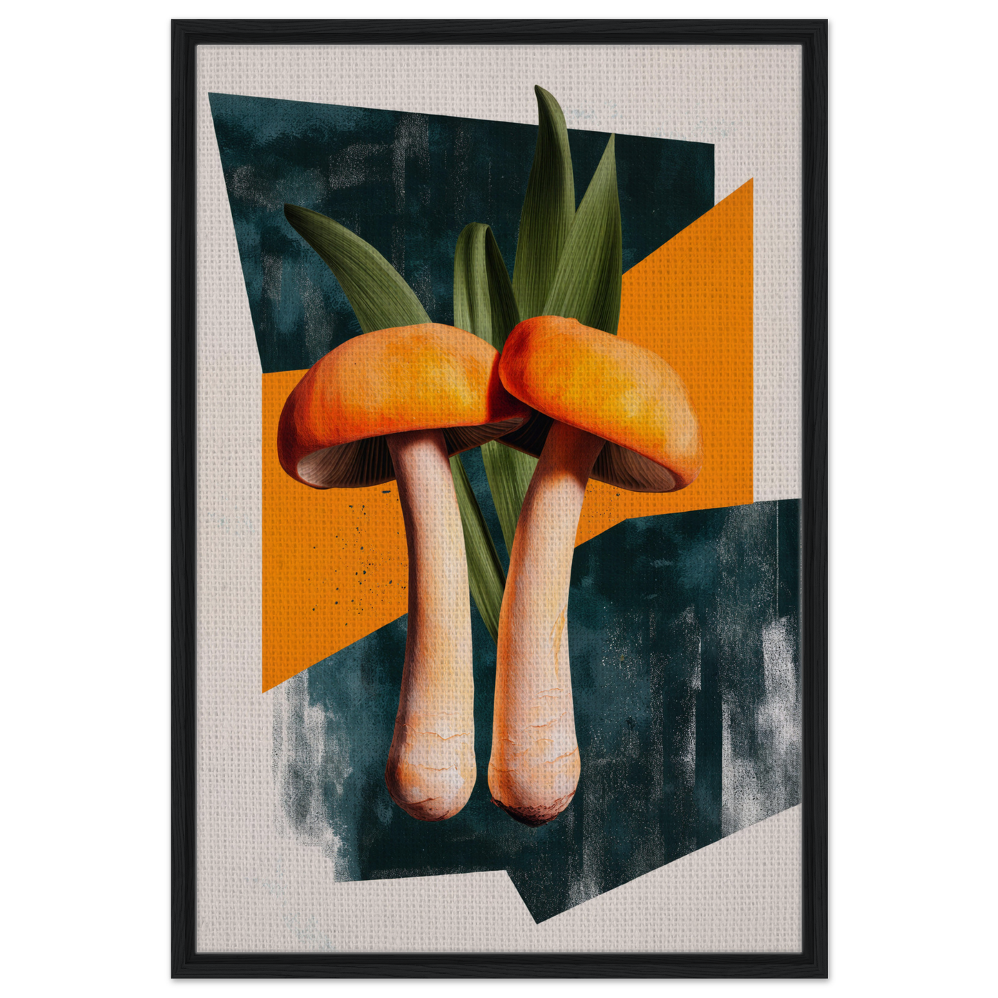 Two orange-capped mushrooms resembling legs in Mushroom Morning Mirage framed canvas print