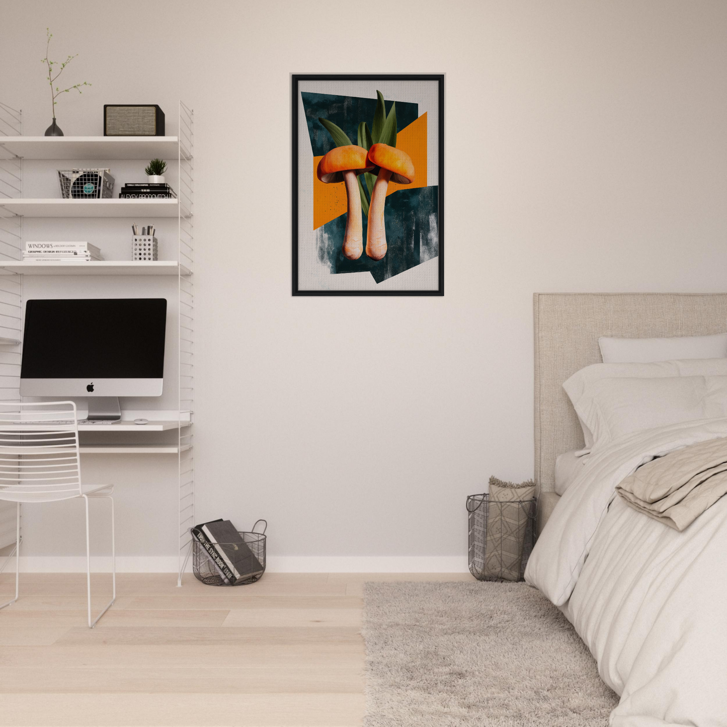 Modern bedroom featuring Mushroom Morning Mirage artwork and minimalist decor