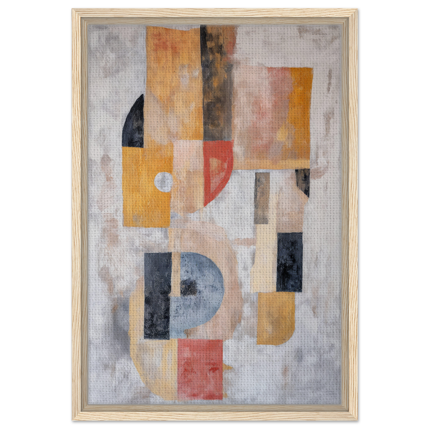 Abstract painting of Mustard Geometry Dance with geometric shapes in muted colors