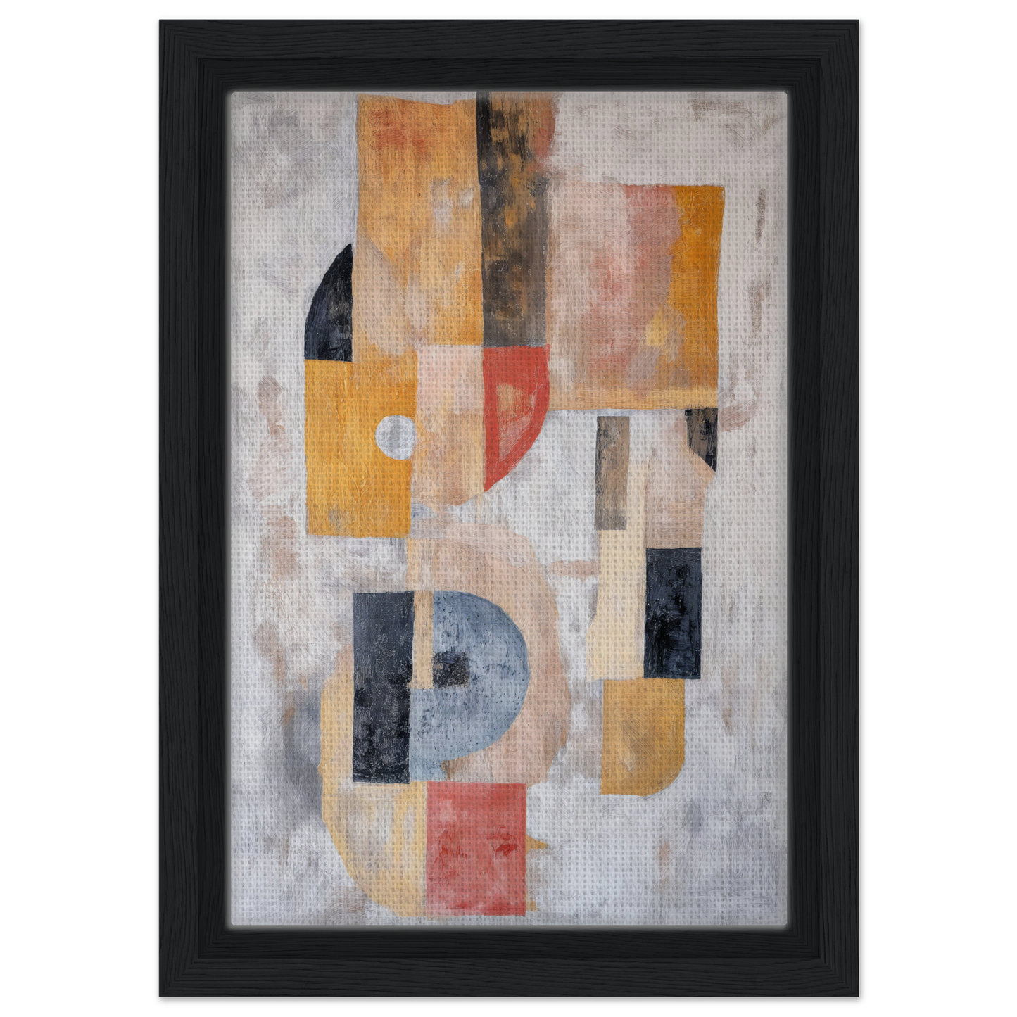 Abstract painting of Mustard Geometry Dance with geometric shapes in muted colors