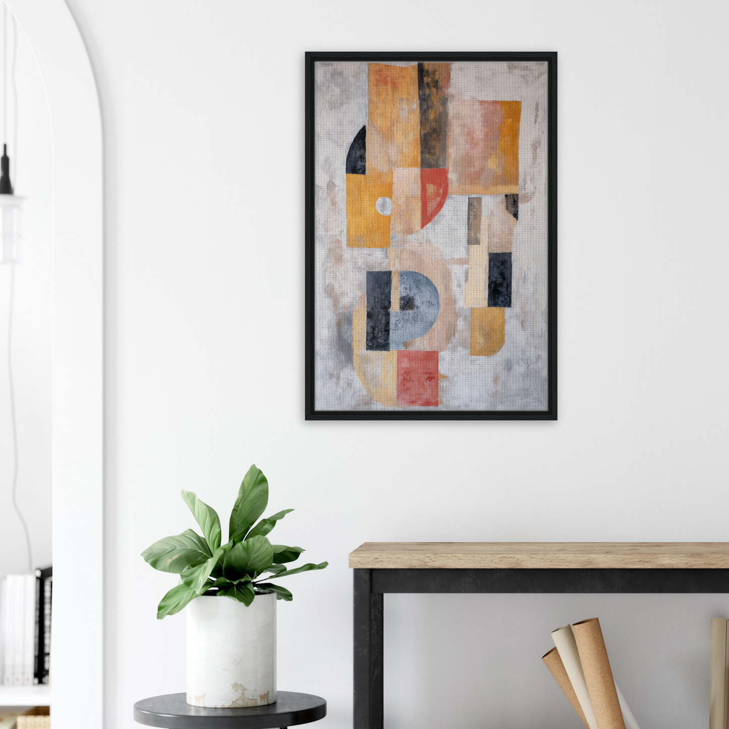 Abstract geometric painting in muted colors displayed as Mustard Geometry Dance framed print
