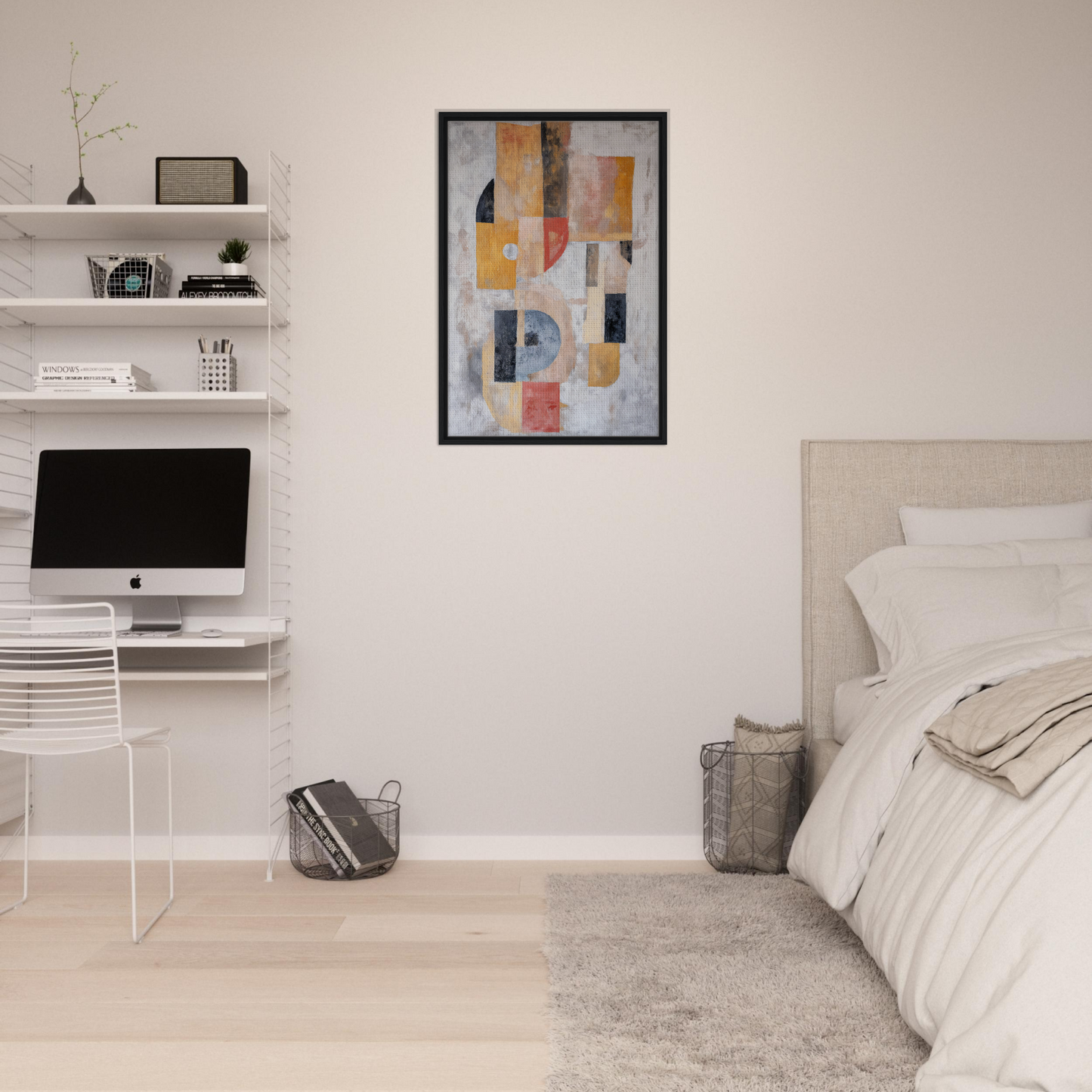 Minimalist bedroom decor featuring Mustard Geometry Dance as a focal point