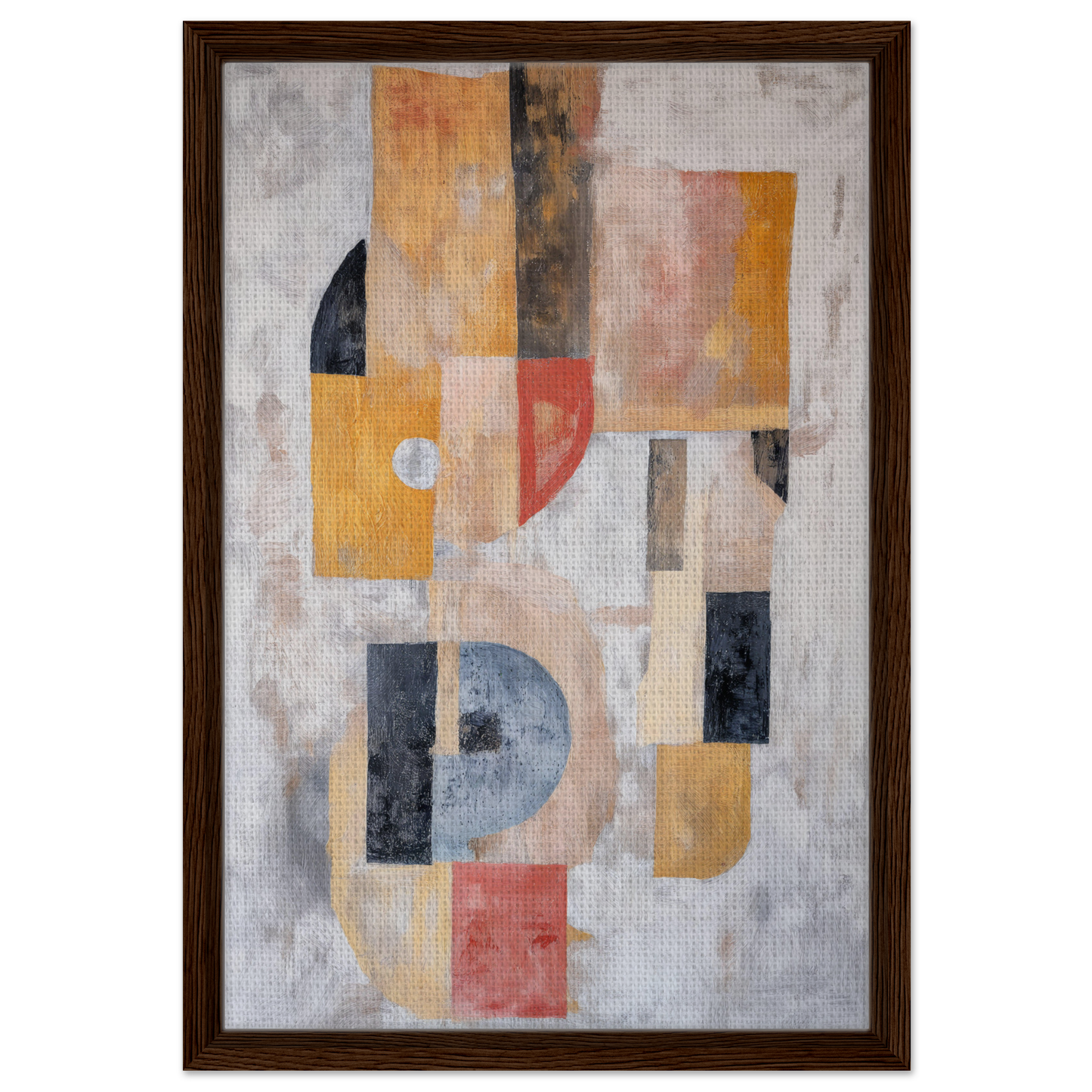 Abstract painting of geometric shapes in muted colors, Mustard Geometry Dance framed canvas print