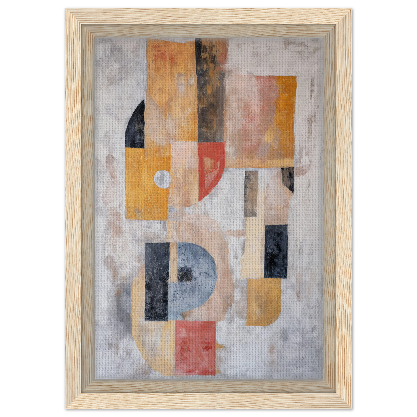 Abstract painting in muted colors featuring geometric shapes within Mustard Geometry Dance frame