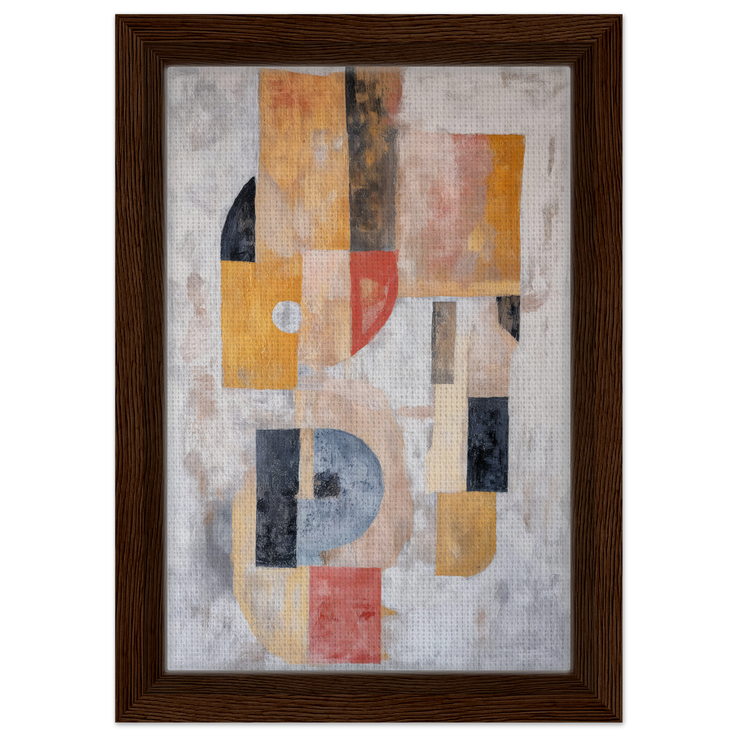 Abstract painting of geometric shapes in muted colors, framed canvas print, Mustard Geometry Dance
