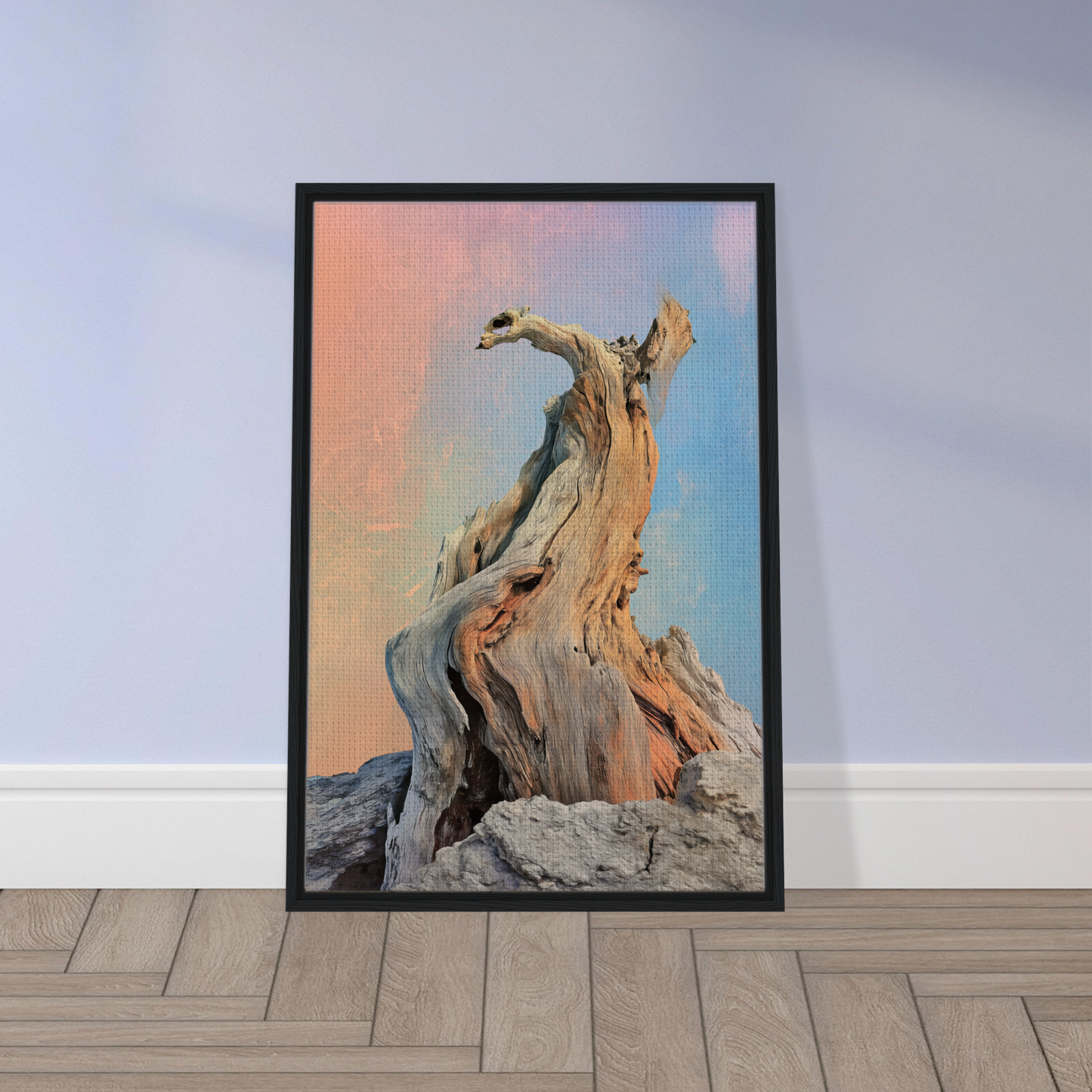 Twisted tree stump under pastel sky for Mystic Driftwood Dream room decor
